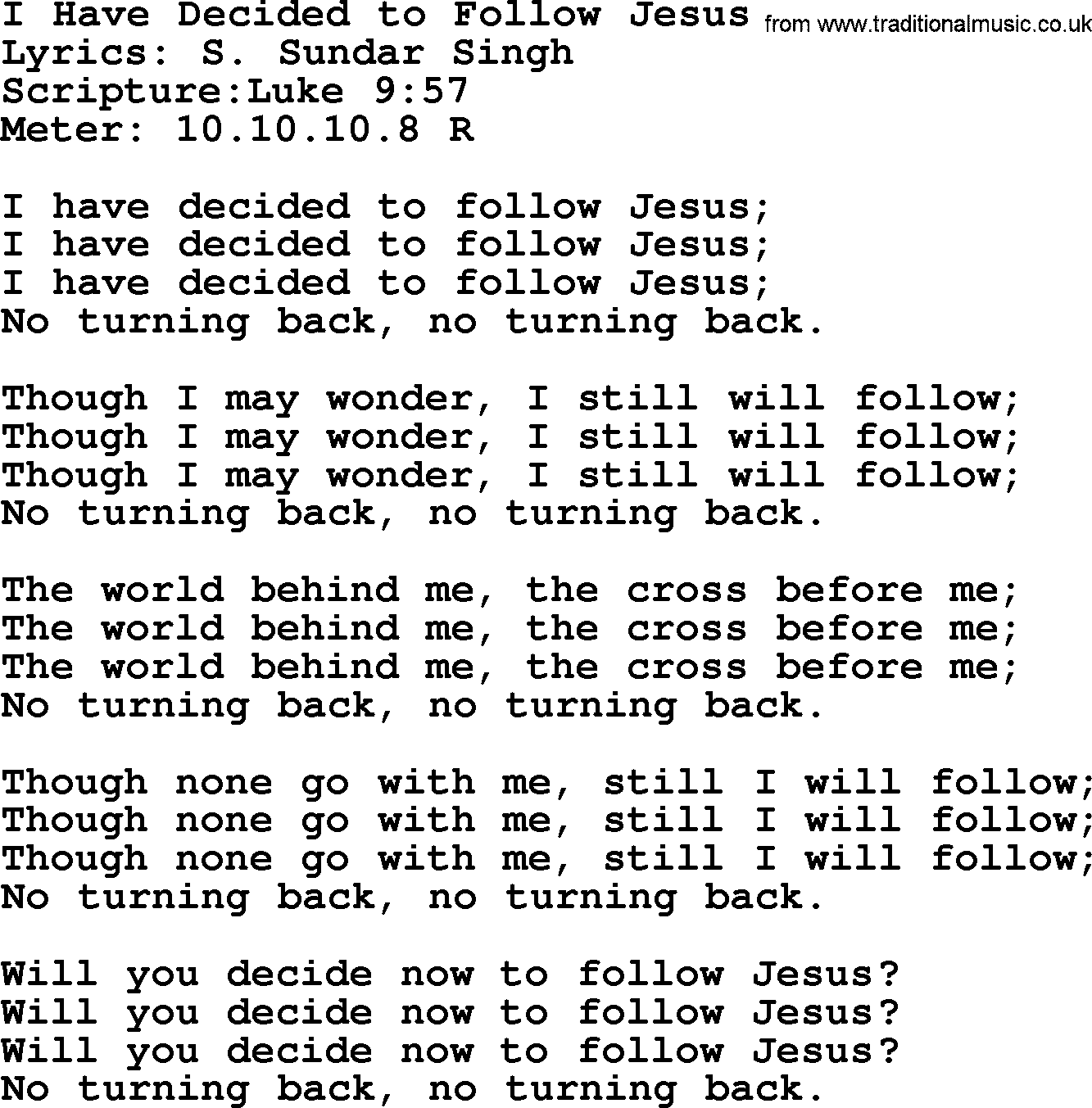 A collection of 500+ most sung Christian church hymns and songs, title: I Have Decided To Follow Jesus, lyrics, PPTX and PDF