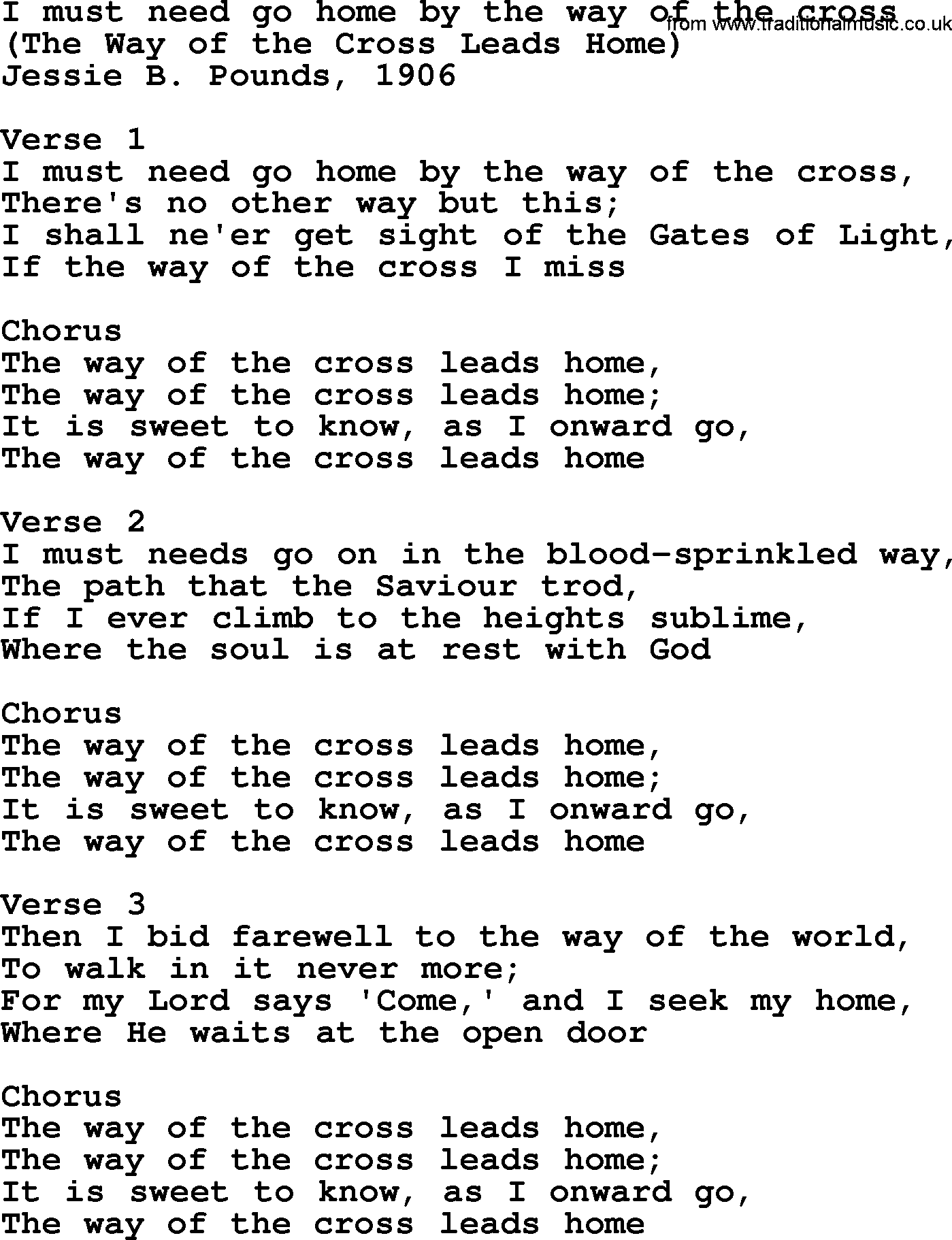 A collection of 500+ most sung Christian church hymns and songs, title: I Must Need Go Home By The Way Of The Cross, lyrics, PPTX and PDF