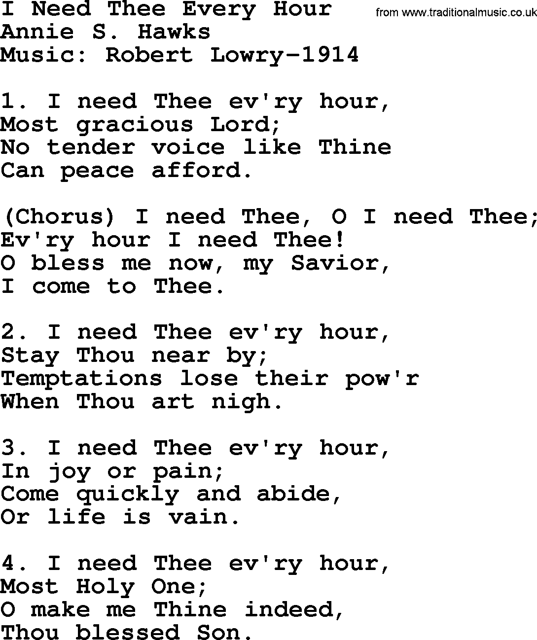 A collection of 500+ most sung Christian church hymns and songs, title: I Need Thee Every Hour, lyrics, PPTX and PDF