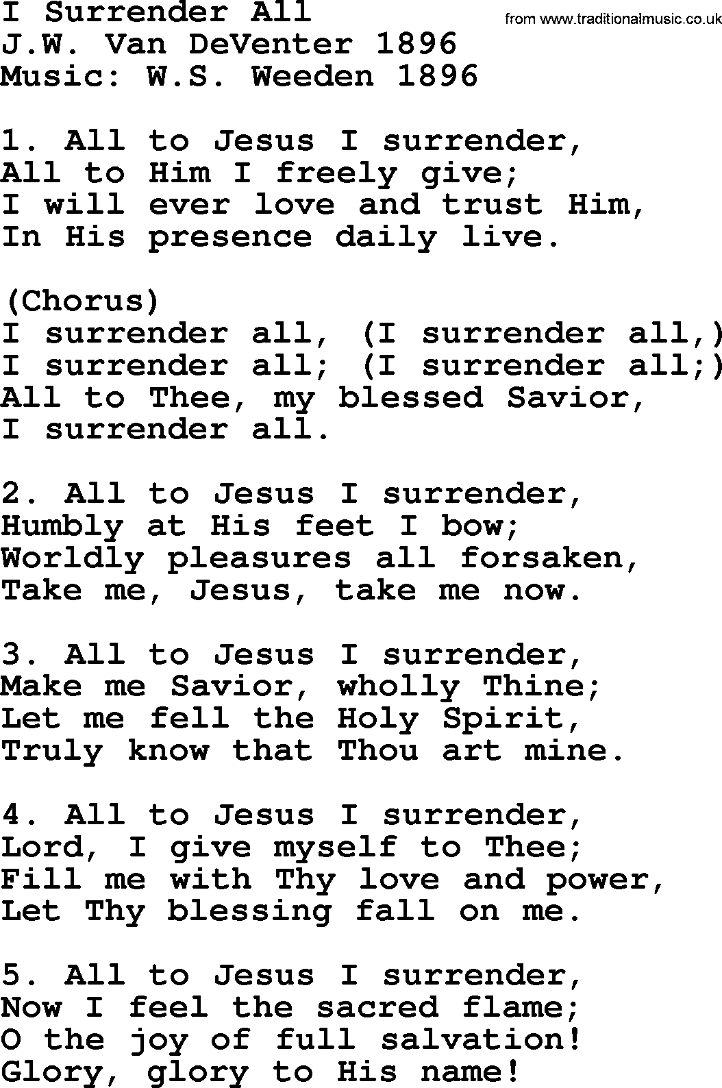 A collection of 500+ most sung Christian church hymns and songs, title: I Surrender All, lyrics, PPTX and PDF