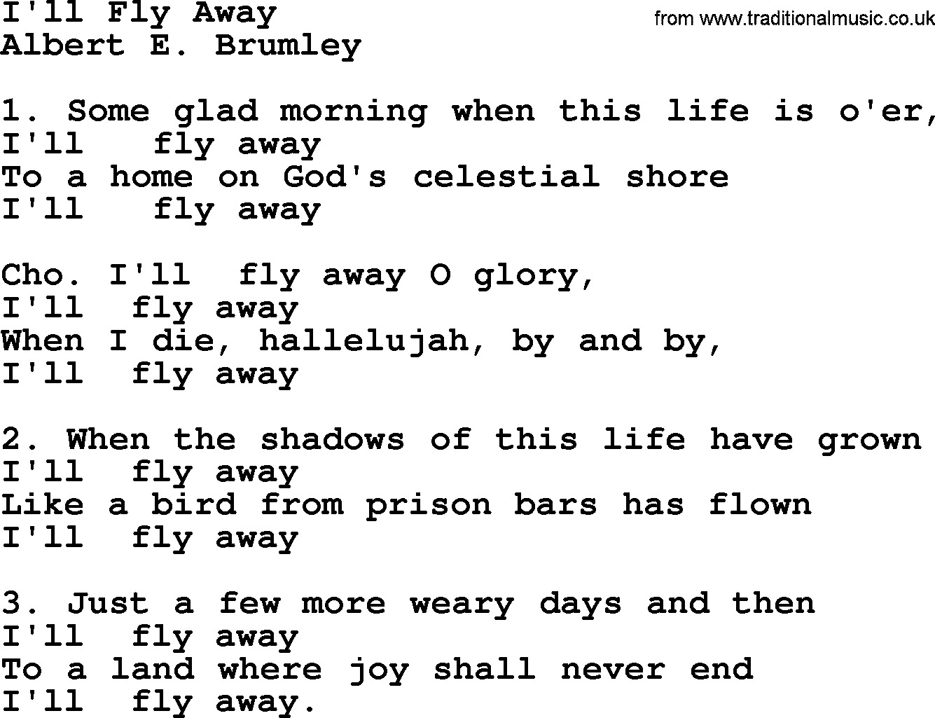 A collection of 500+ most sung Christian church hymns and songs, title: I'll Fly Away, lyrics, PPTX and PDF