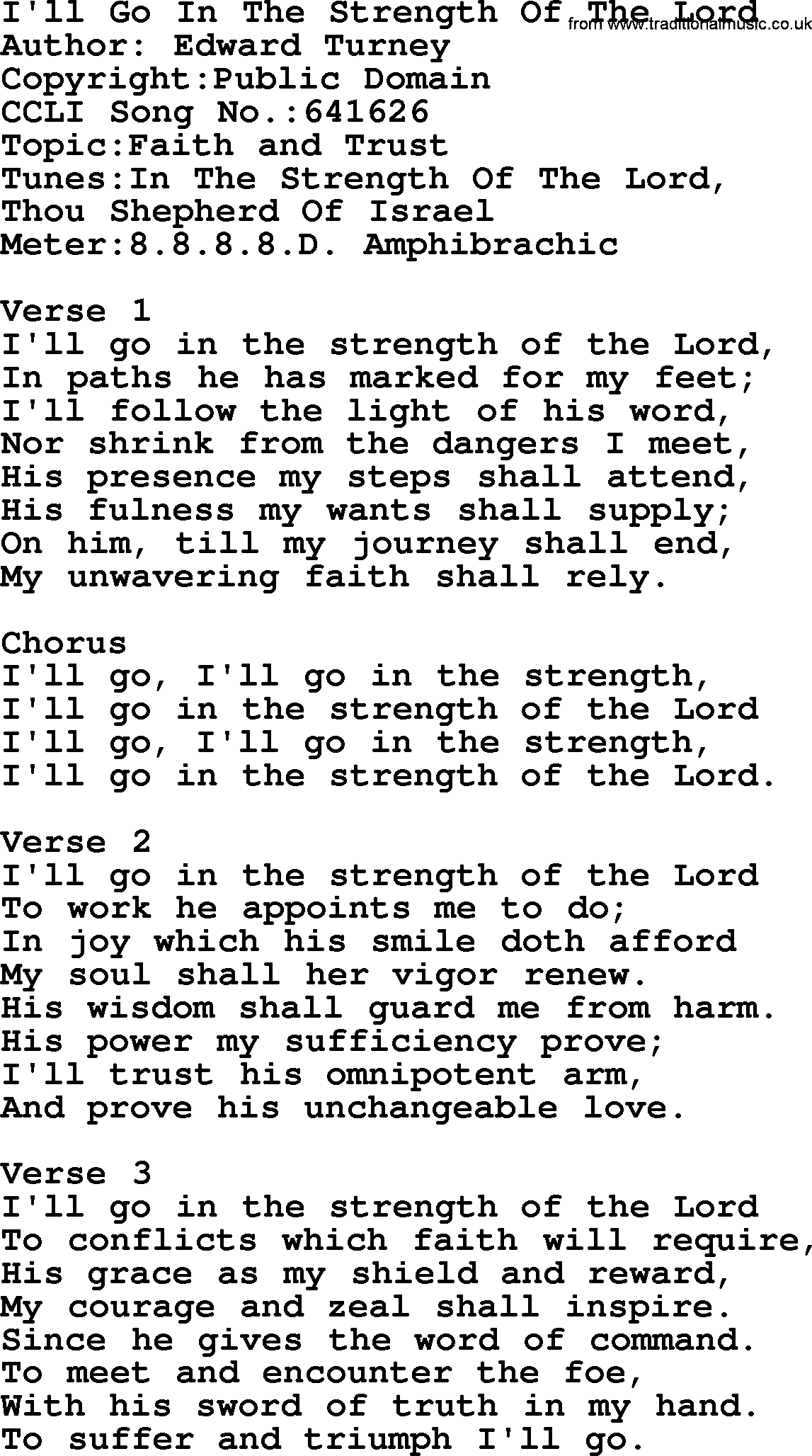 A collection of 500+ most sung Christian church hymns and songs, title: I'll Go In The Strength Of The Lord, lyrics, PPTX and PDF
