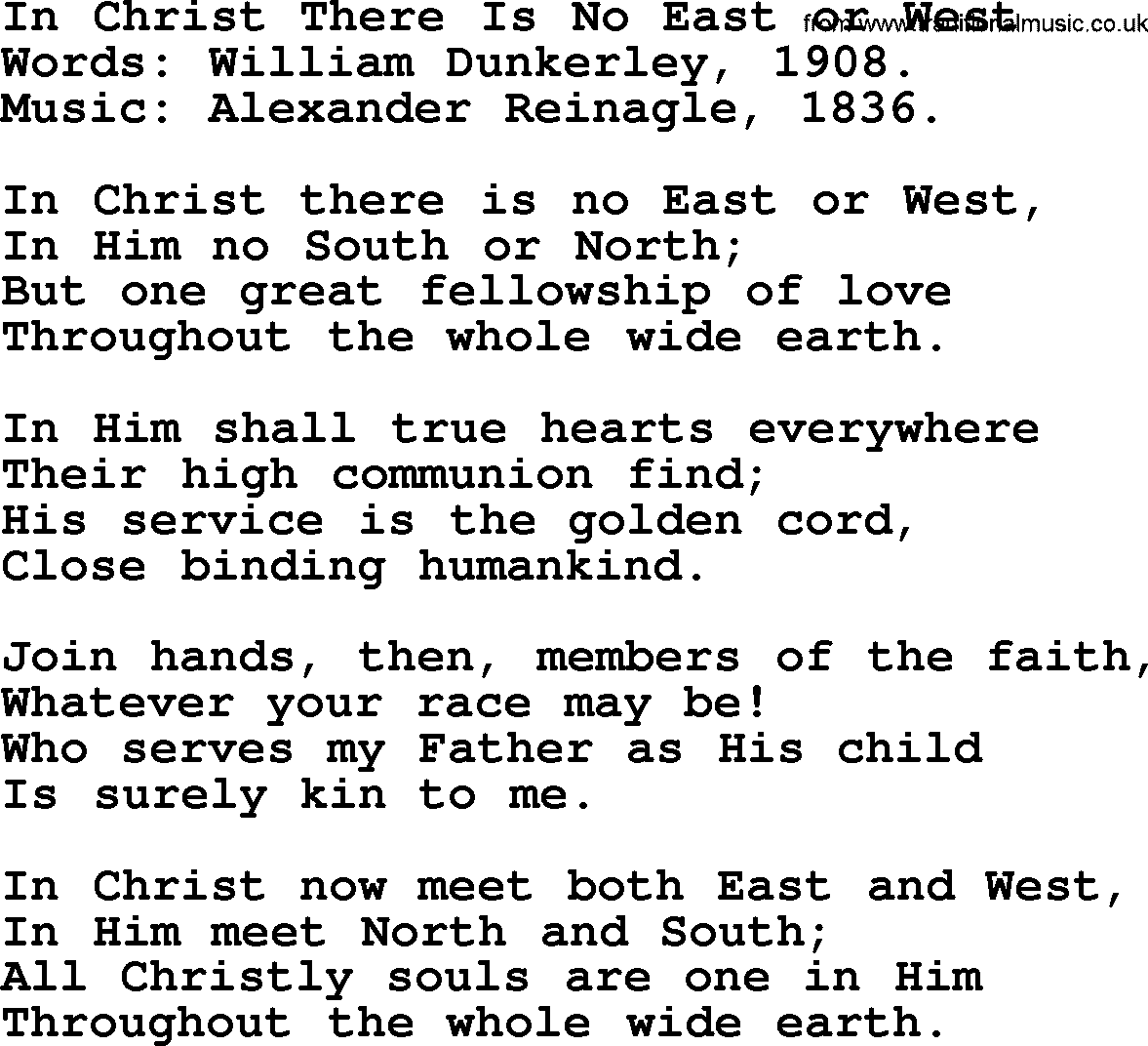 A collection of 500+ most sung Christian church hymns and songs, title: In Christ There Is No East Or West, lyrics, PPTX and PDF
