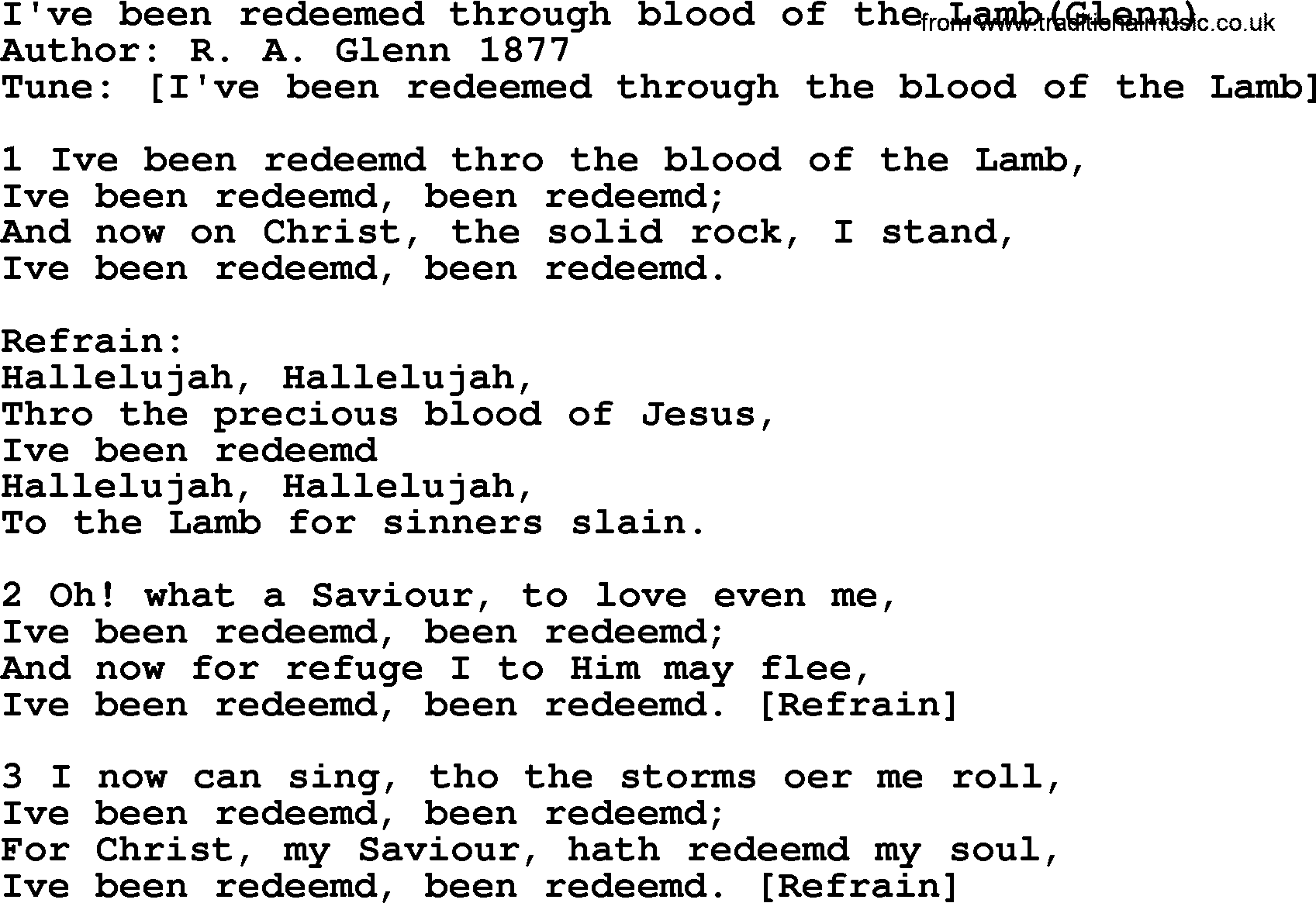 A collection of 500+ most sung Christian church hymns and songs, title: I've Been Redeemed Through Blood Of The Lamb, lyrics, PPTX and PDF