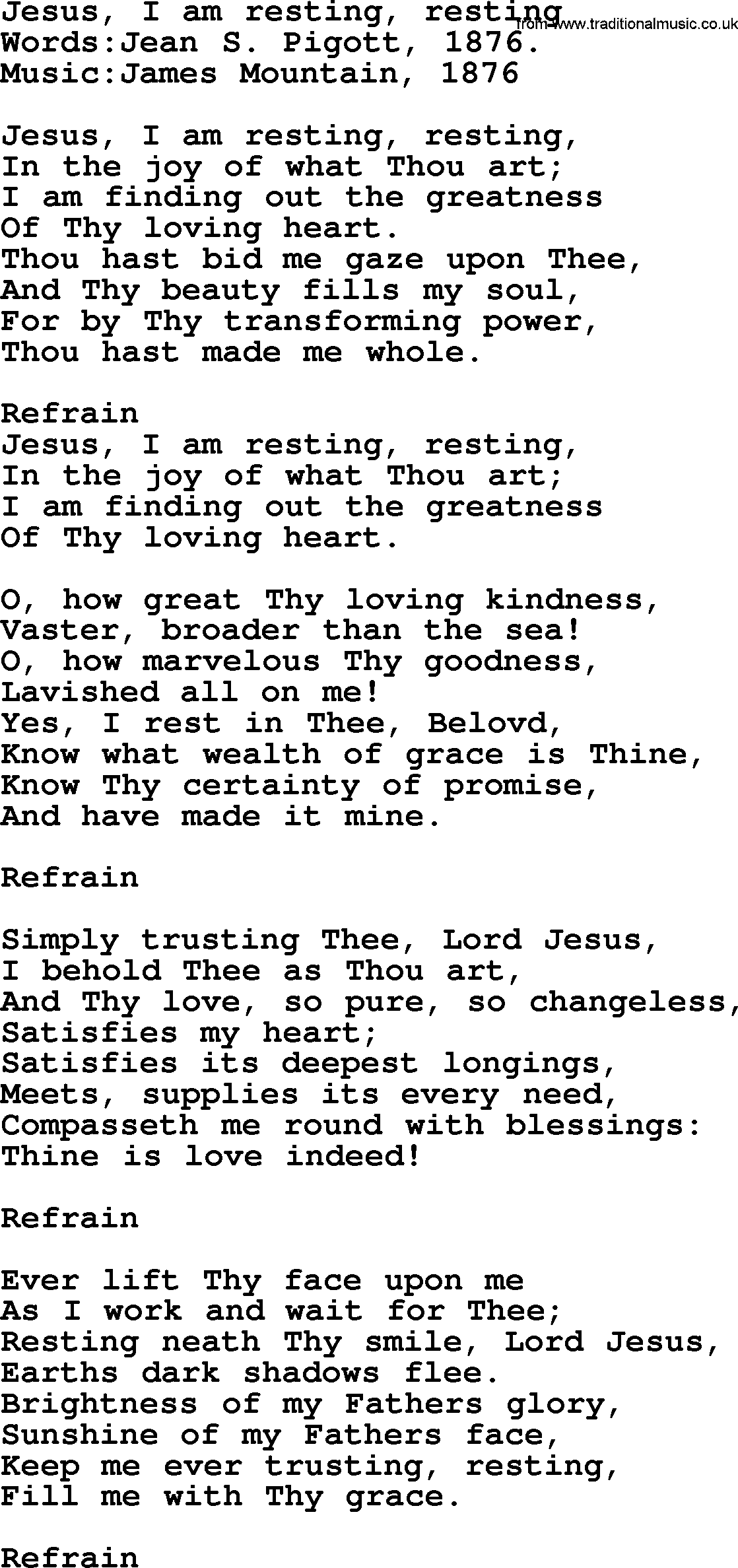 A collection of 500+ most sung Christian church hymns and songs, title: Jesus, I Am Resting, Resting, lyrics, PPTX and PDF