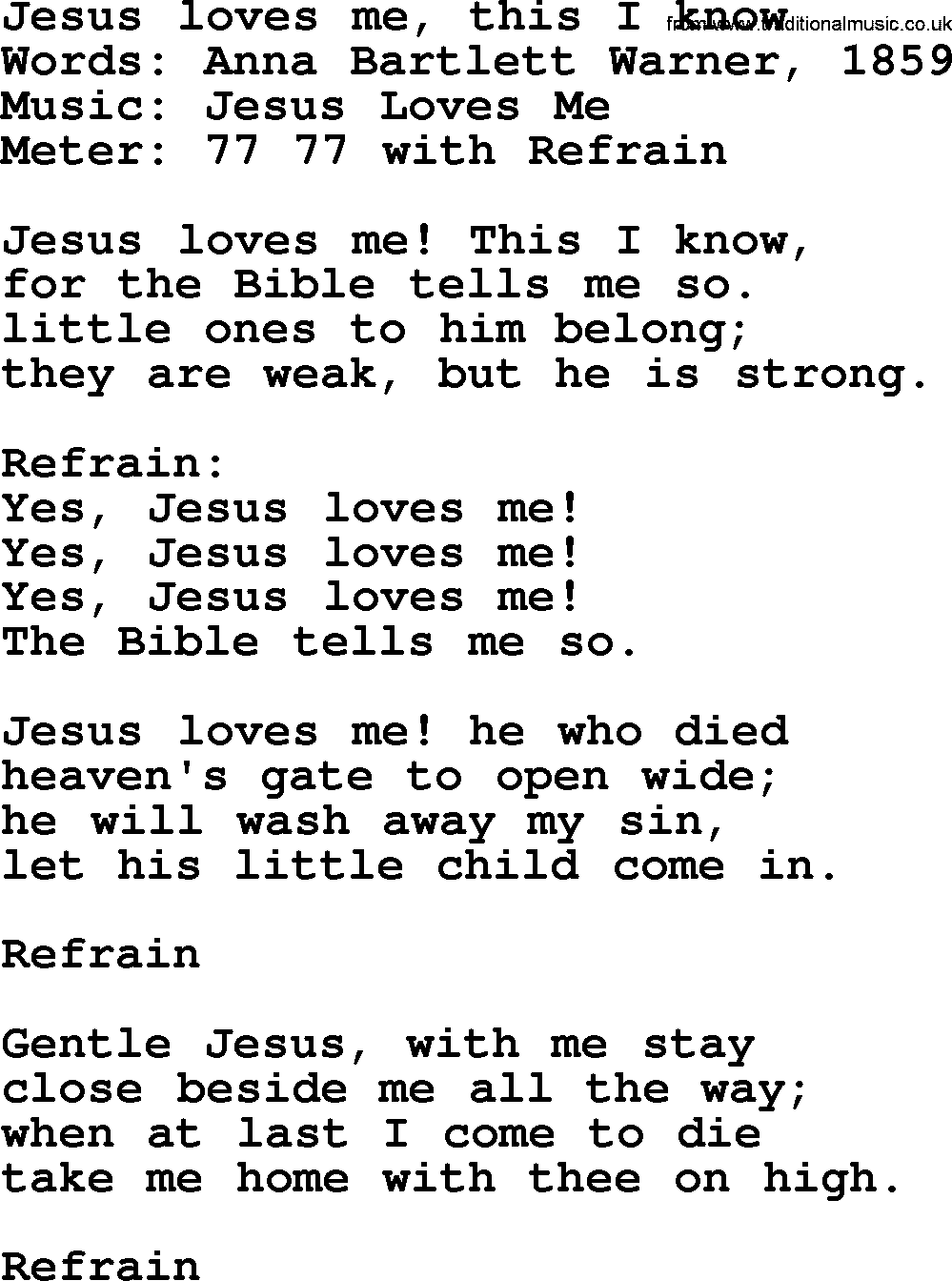 A collection of 500+ most sung Christian church hymns and songs, title: Jesus Loves Me, This I Know, lyrics, PPTX and PDF