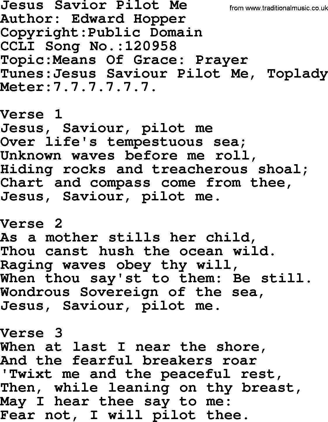 A collection of 500+ most sung Christian church hymns and songs, title: Jesus Savior Pilot Me, lyrics, PPTX and PDF