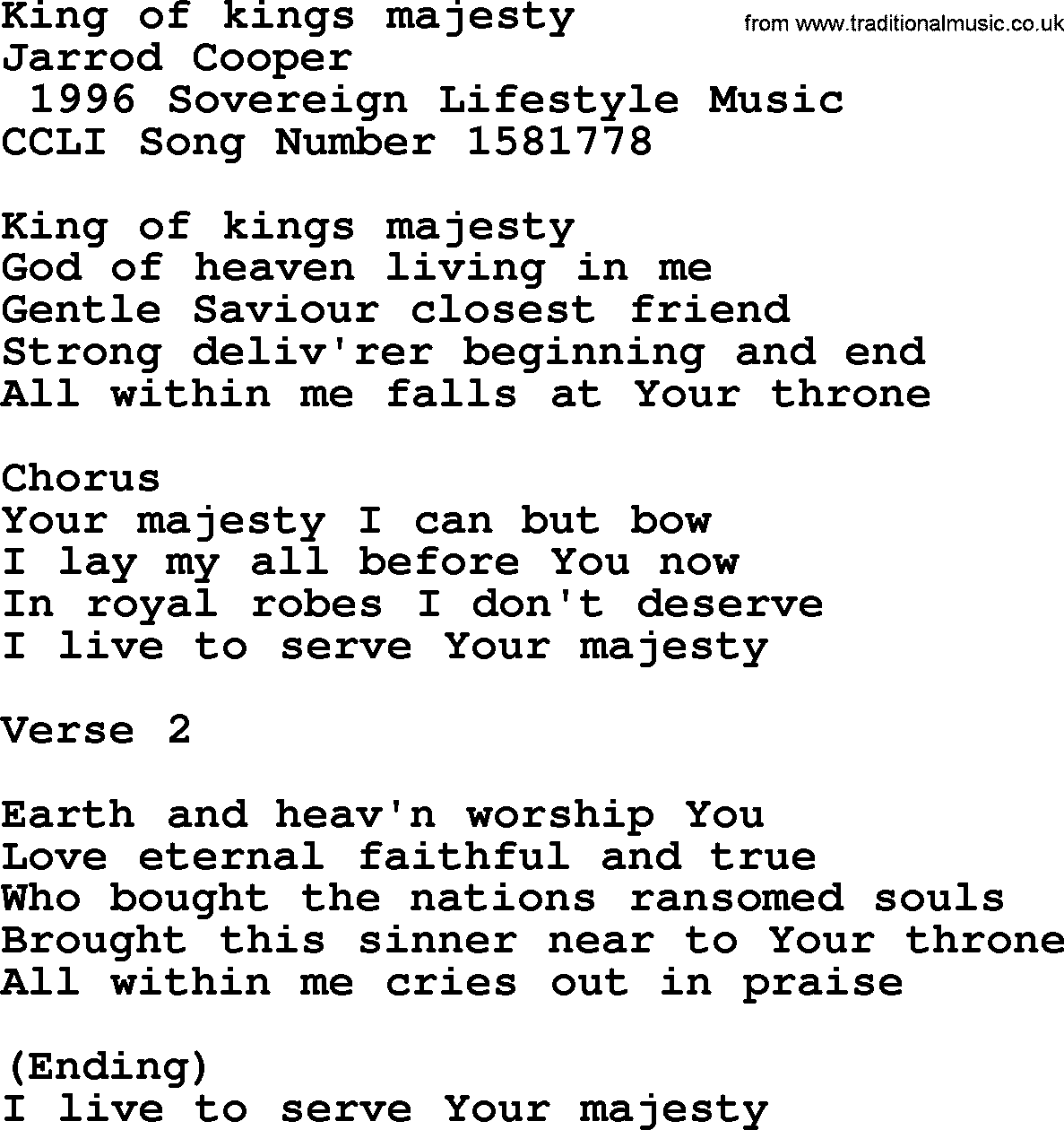 A collection of 500+ most sung Christian church hymns and songs, title: King Of Kings Majesty, lyrics, PPTX and PDF