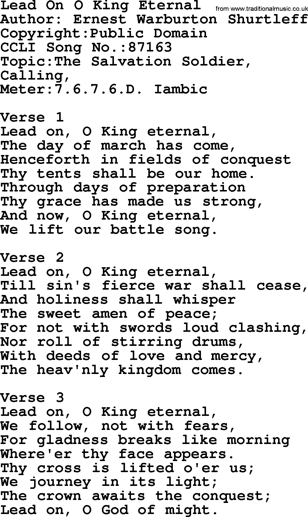 A collection of 500+ most sung Christian church hymns and songs, title: Lead On O King Eternal, lyrics, PPTX and PDF