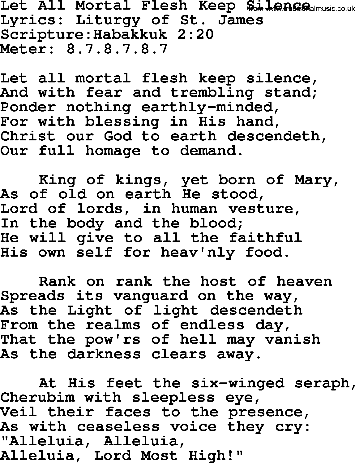 A collection of 500+ most sung Christian church hymns and songs, title: Let All Mortal Flesh Keep Silence, lyrics, PPTX and PDF