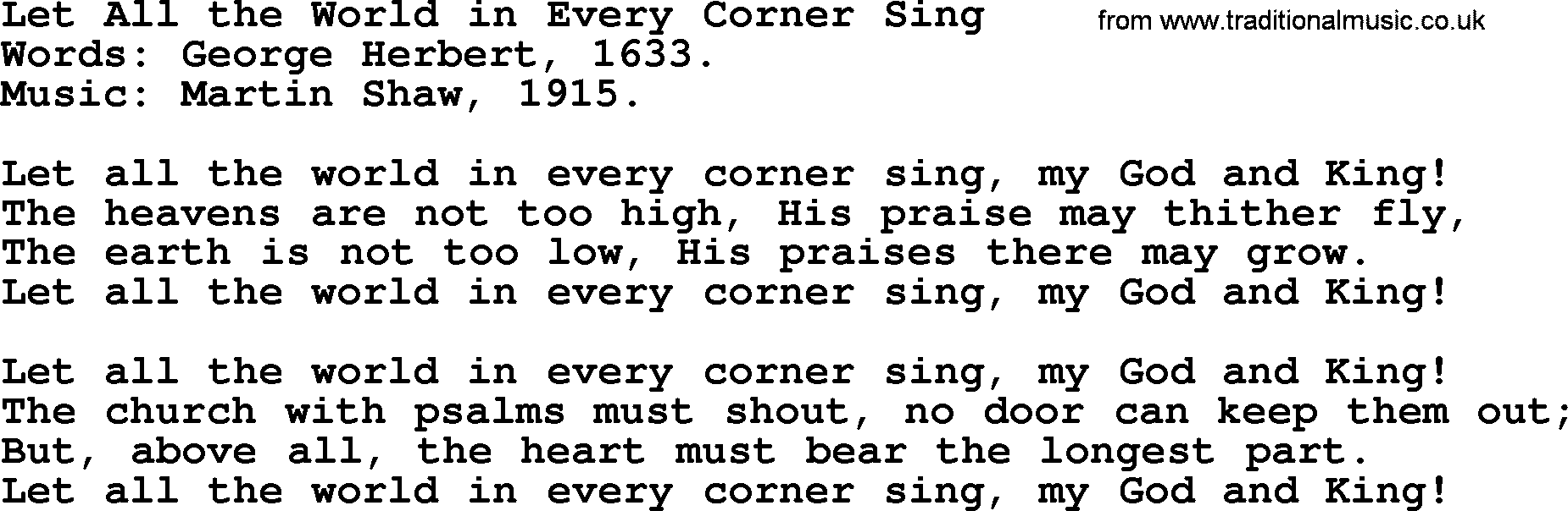 A collection of 500+ most sung Christian church hymns and songs, title: Let All The World In Every Corner Sing, lyrics, PPTX and PDF