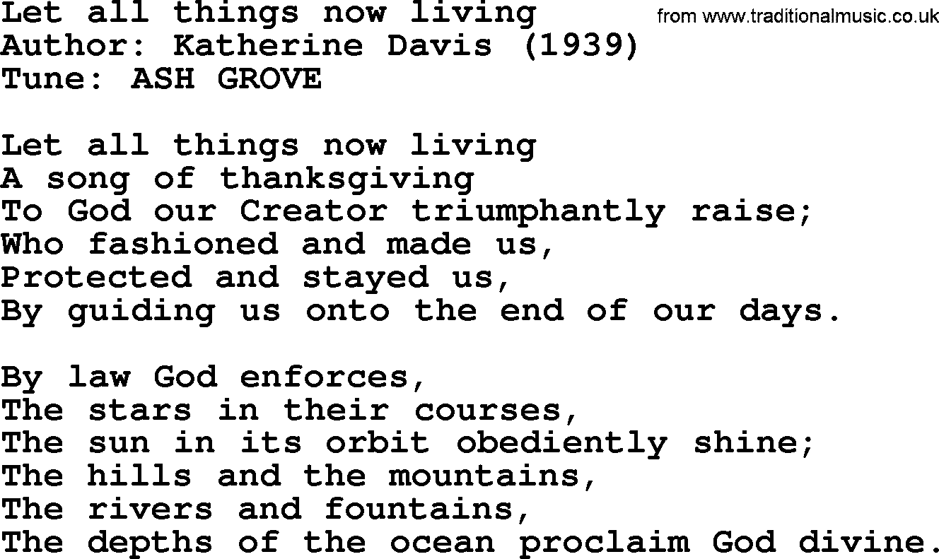 A collection of 500+ most sung Christian church hymns and songs, title: Let All Things Now Living, lyrics, PPTX and PDF