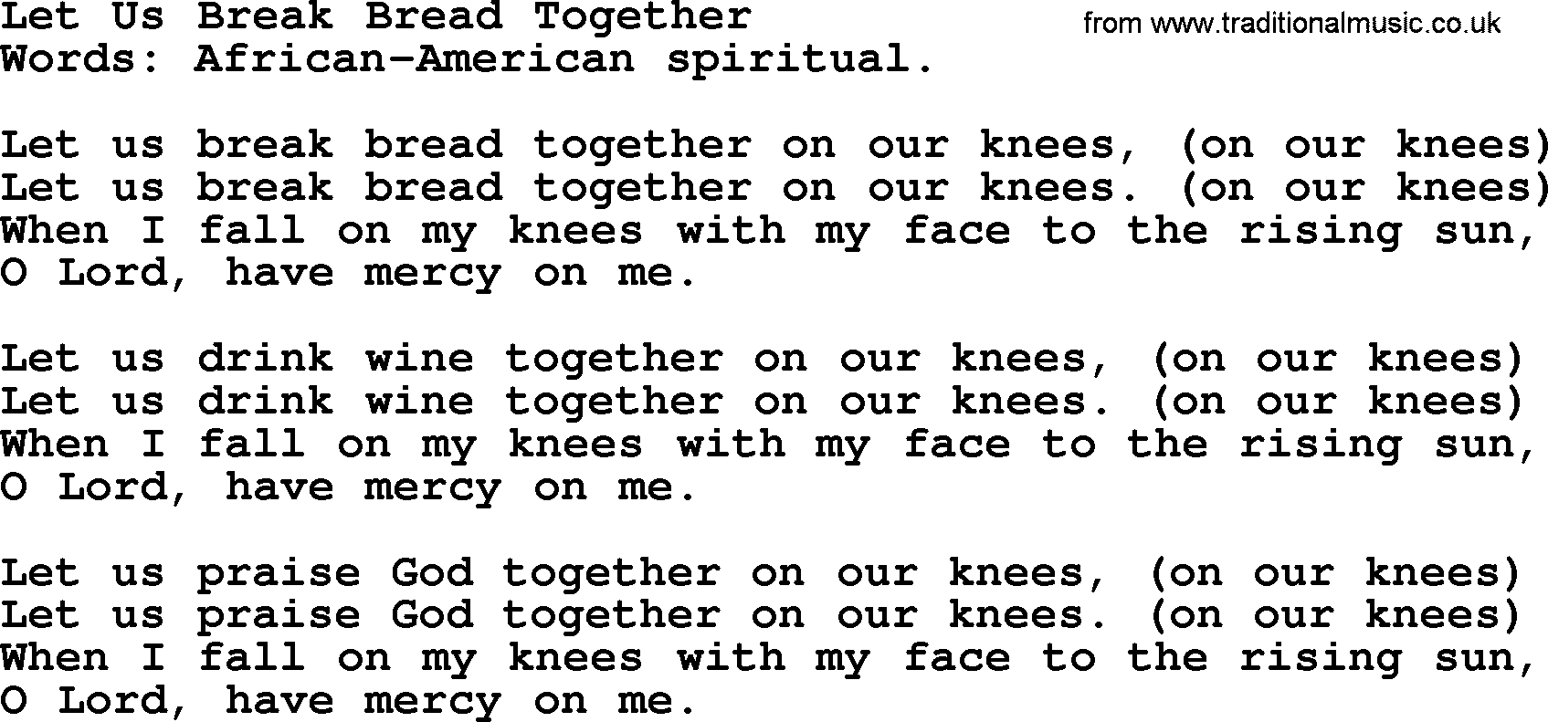 A collection of 500+ most sung Christian church hymns and songs, title: Let Us Break Bread Together, lyrics, PPTX and PDF
