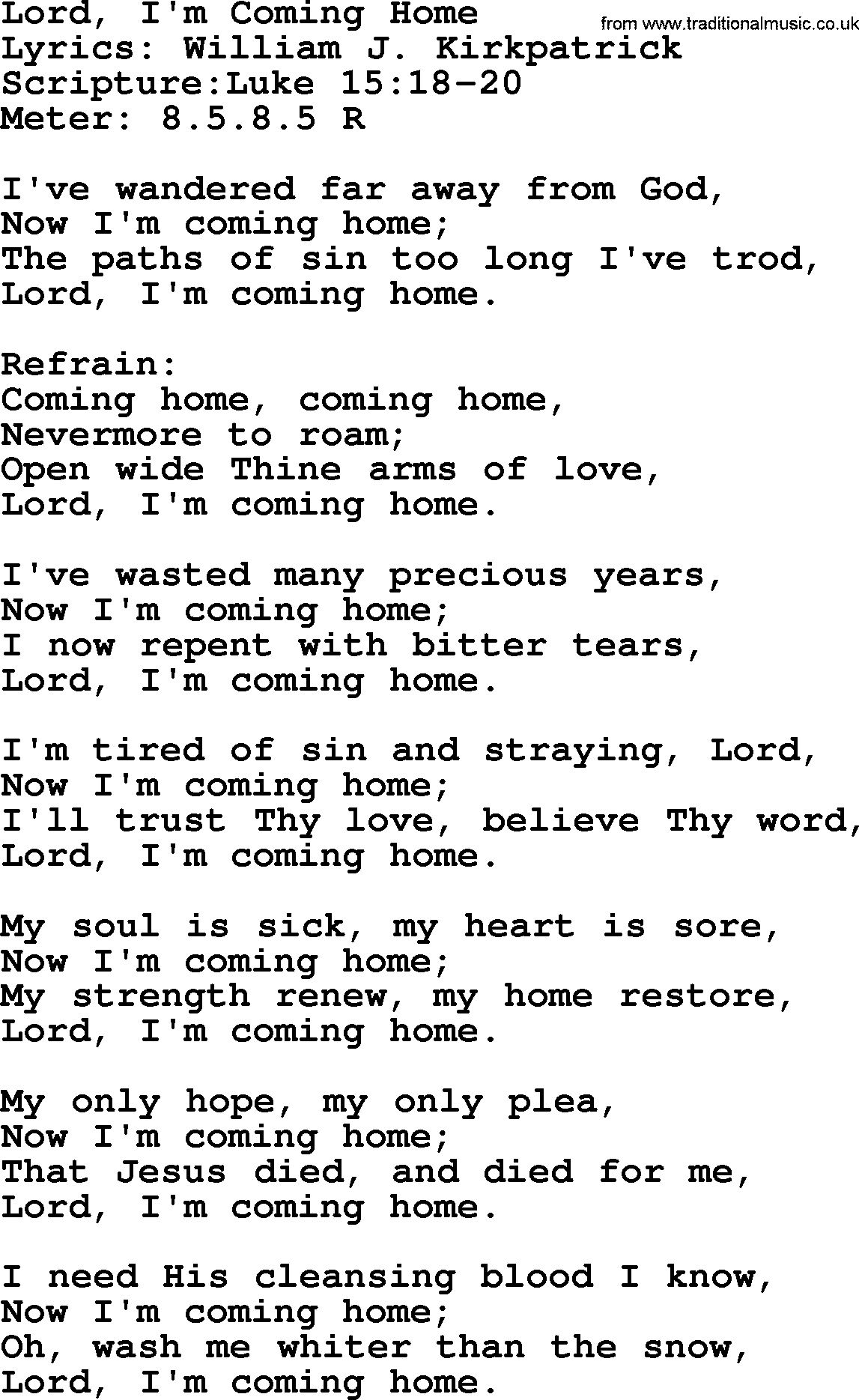 A collection of 500+ most sung Christian church hymns and songs, title: Lord, I'm Coming Home, lyrics, PPTX and PDF