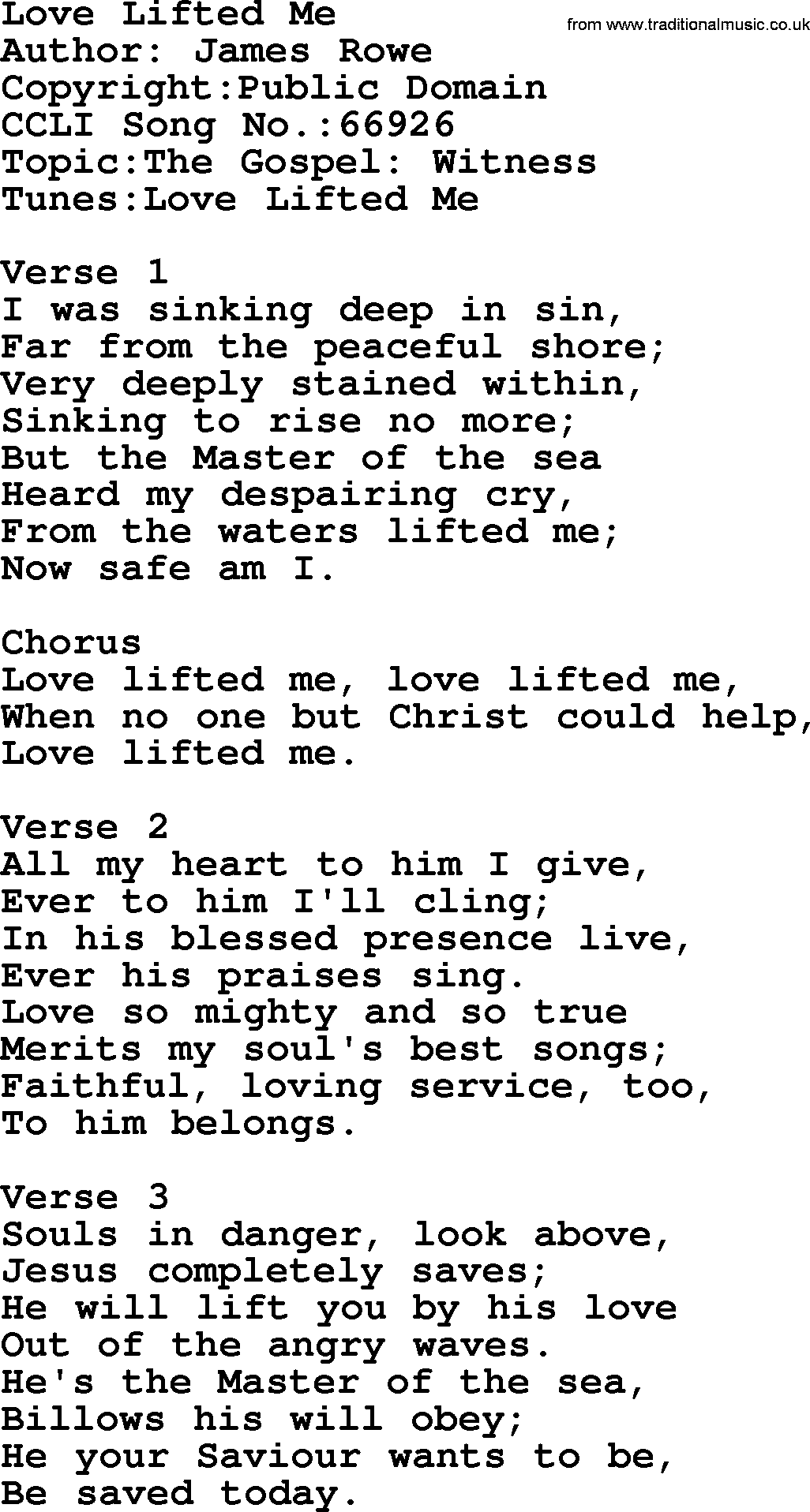 A collection of 500+ most sung Christian church hymns and songs, title: Love Lifted Me, lyrics, PPTX and PDF