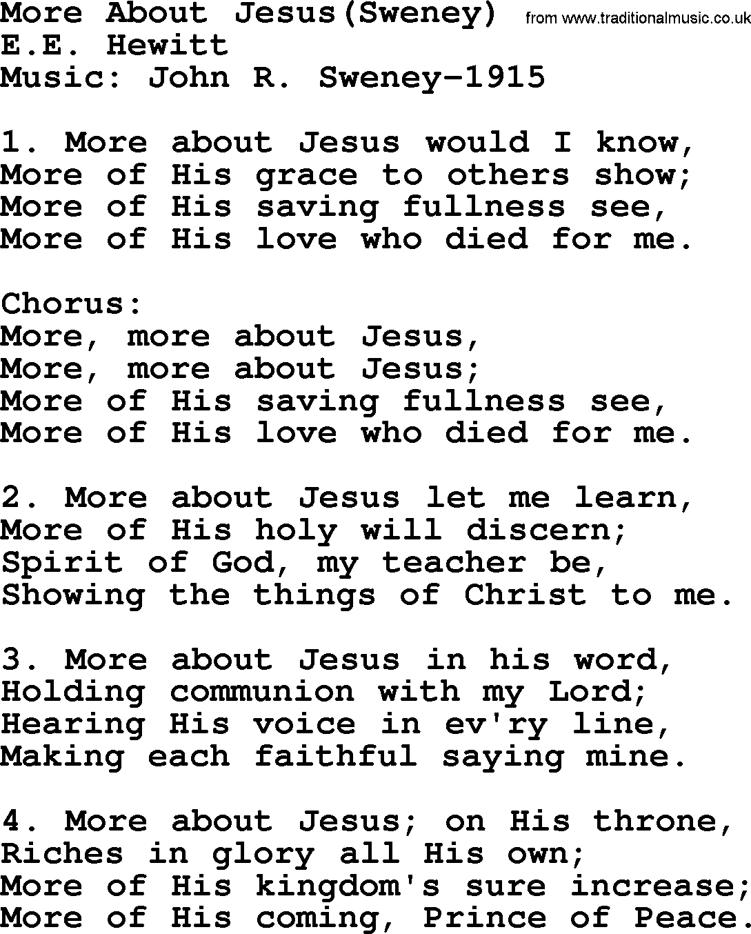 A collection of 500+ most sung Christian church hymns and songs, title: More About Jesus(Sweney), lyrics, PPTX and PDF