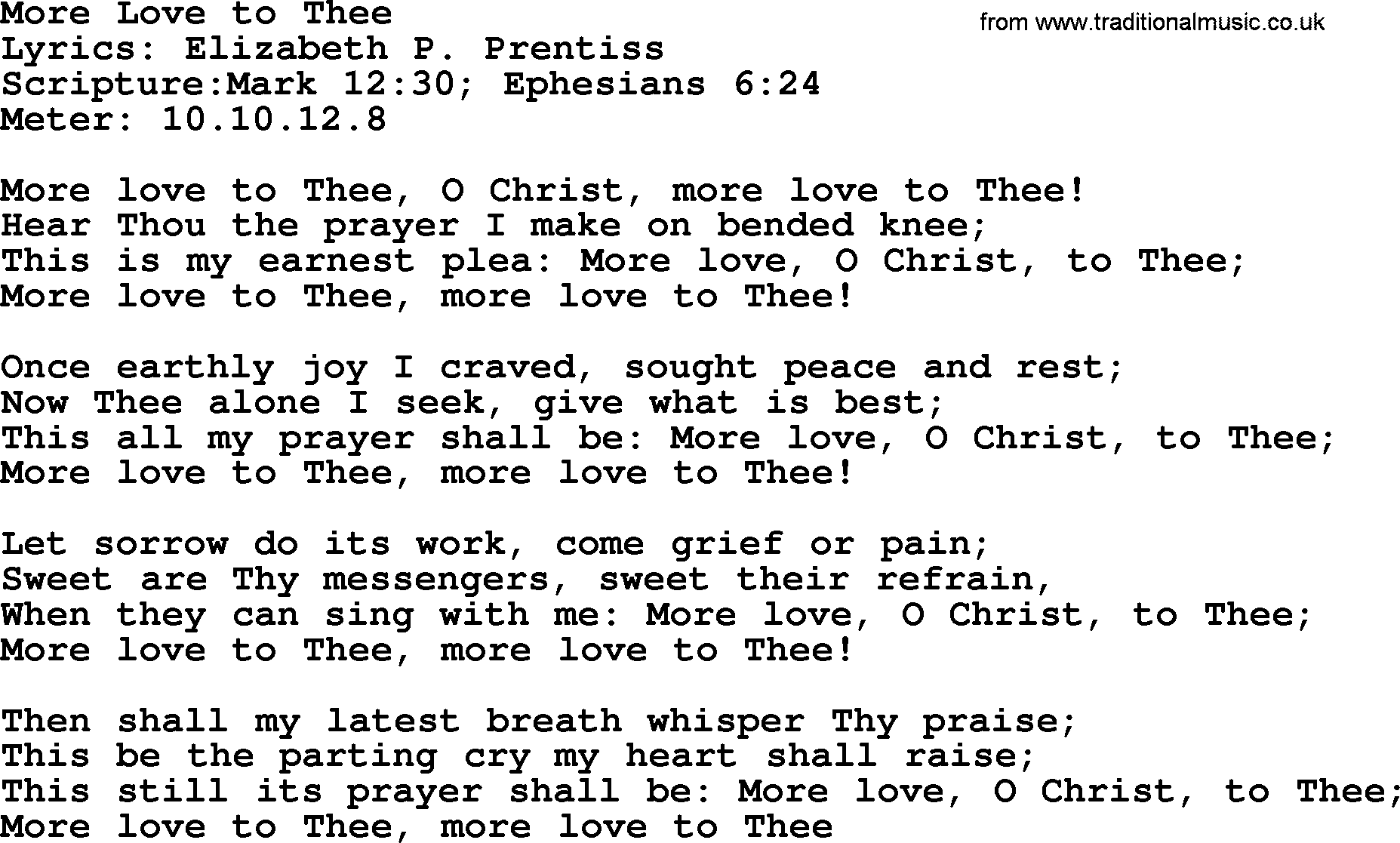 A collection of 500+ most sung Christian church hymns and songs, title: More Love To Thee, lyrics, PPTX and PDF
