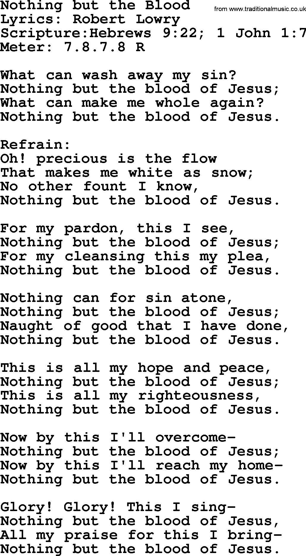 A collection of 500+ most sung Christian church hymns and songs, title: Nothing But The Blood, lyrics, PPTX and PDF