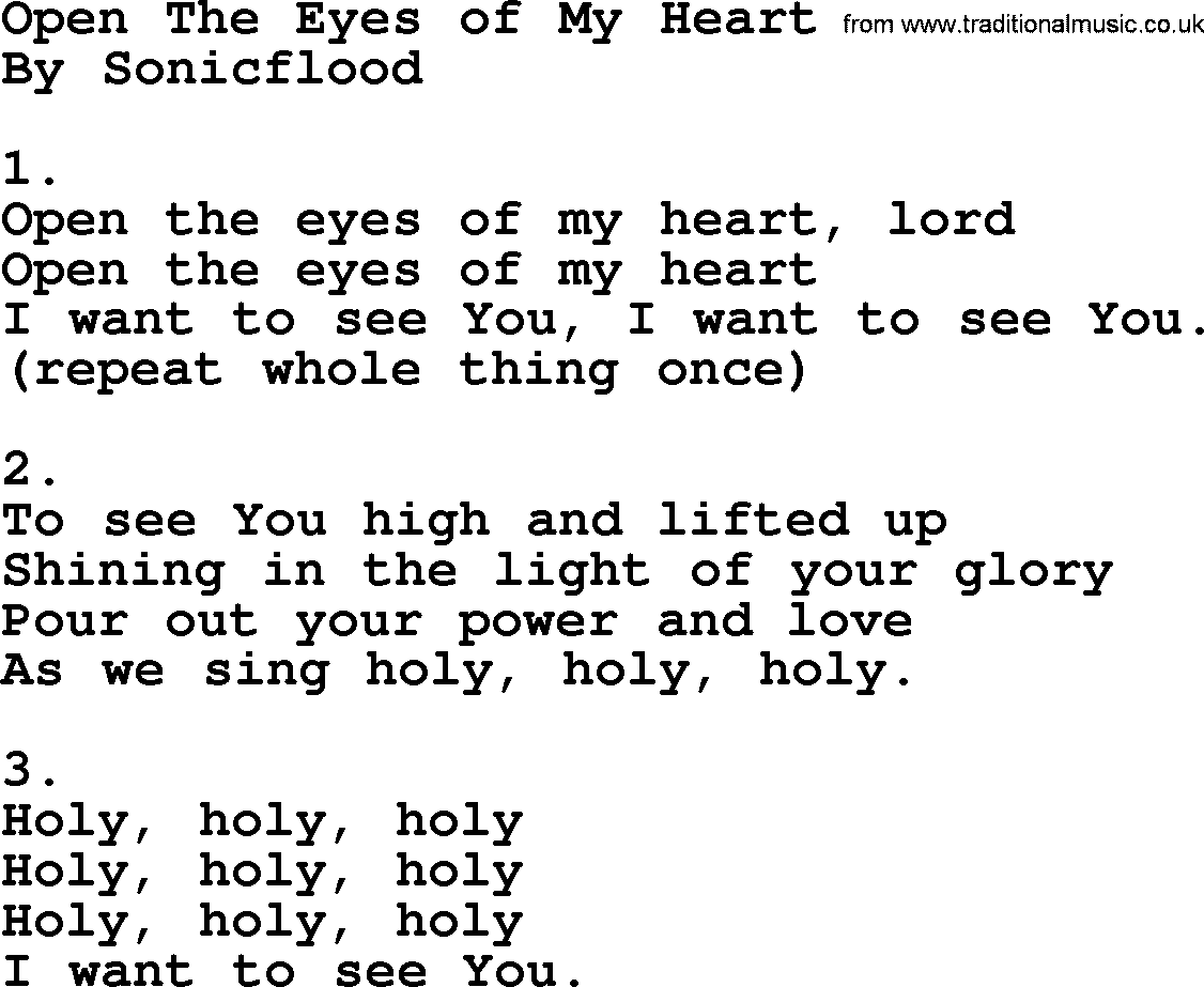 A collection of 500+ most sung Christian church hymns and songs, title: Open The Eyes Of My Heart~, lyrics, PPTX and PDF