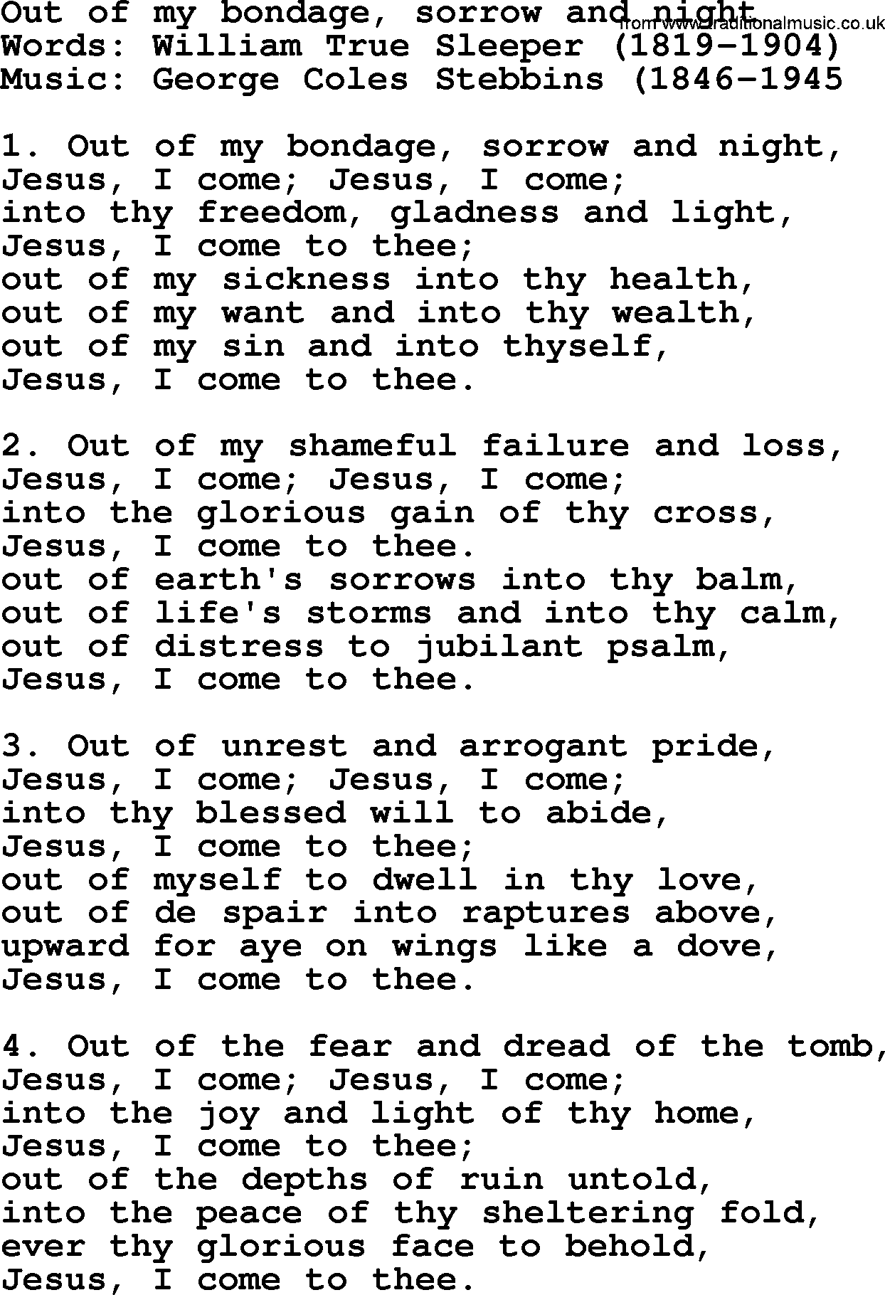 A collection of 500+ most sung Christian church hymns and songs, title: Out Of My Bondage, Sorrow And Night, lyrics, PPTX and PDF