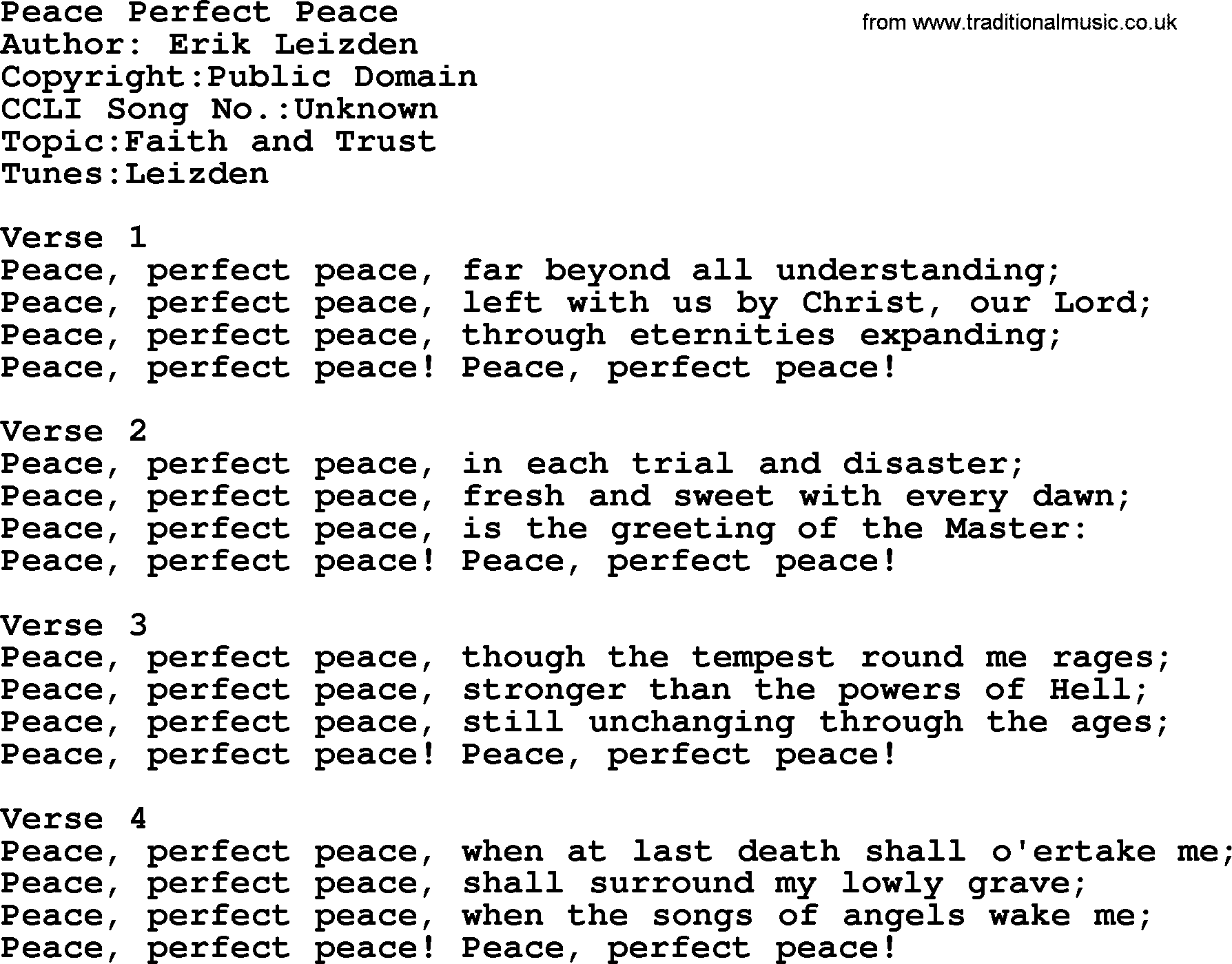 A collection of 500+ most sung Christian church hymns and songs, title: Peace Perfect Peace, lyrics, PPTX and PDF