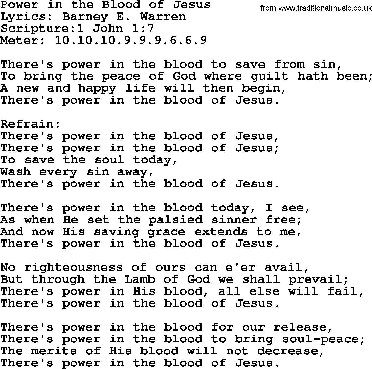 A collection of 500+ most sung Christian church hymns and songs, title: Power In The Blood Of Jesus, lyrics, PPTX and PDF