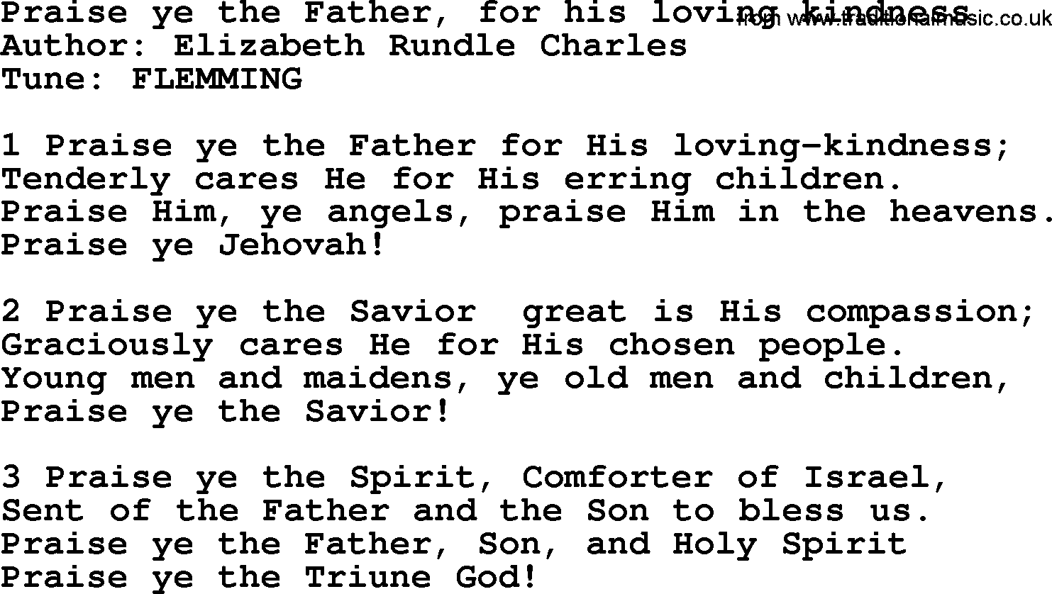 A collection of 500+ most sung Christian church hymns and songs, title: Praise Ye The Father, For His Loving Kindness, lyrics, PPTX and PDF