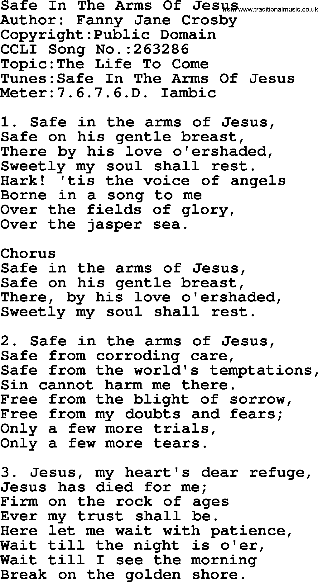 A collection of 500+ most sung Christian church hymns and songs, title: Safe In The Arms Of Jesus, lyrics, PPTX and PDF