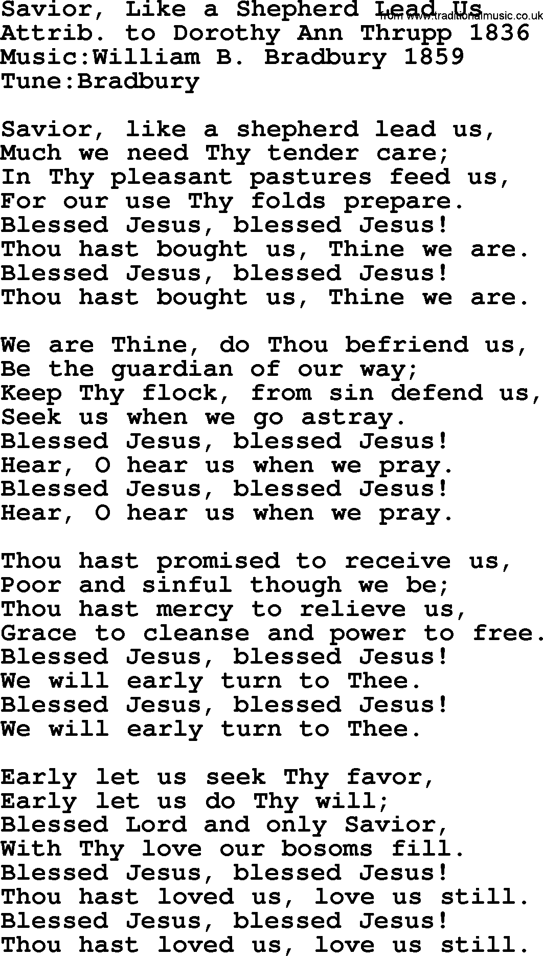 A collection of 500+ most sung Christian church hymns and songs, title: Savior, Like A Shepherd Lead Us, lyrics, PPTX and PDF