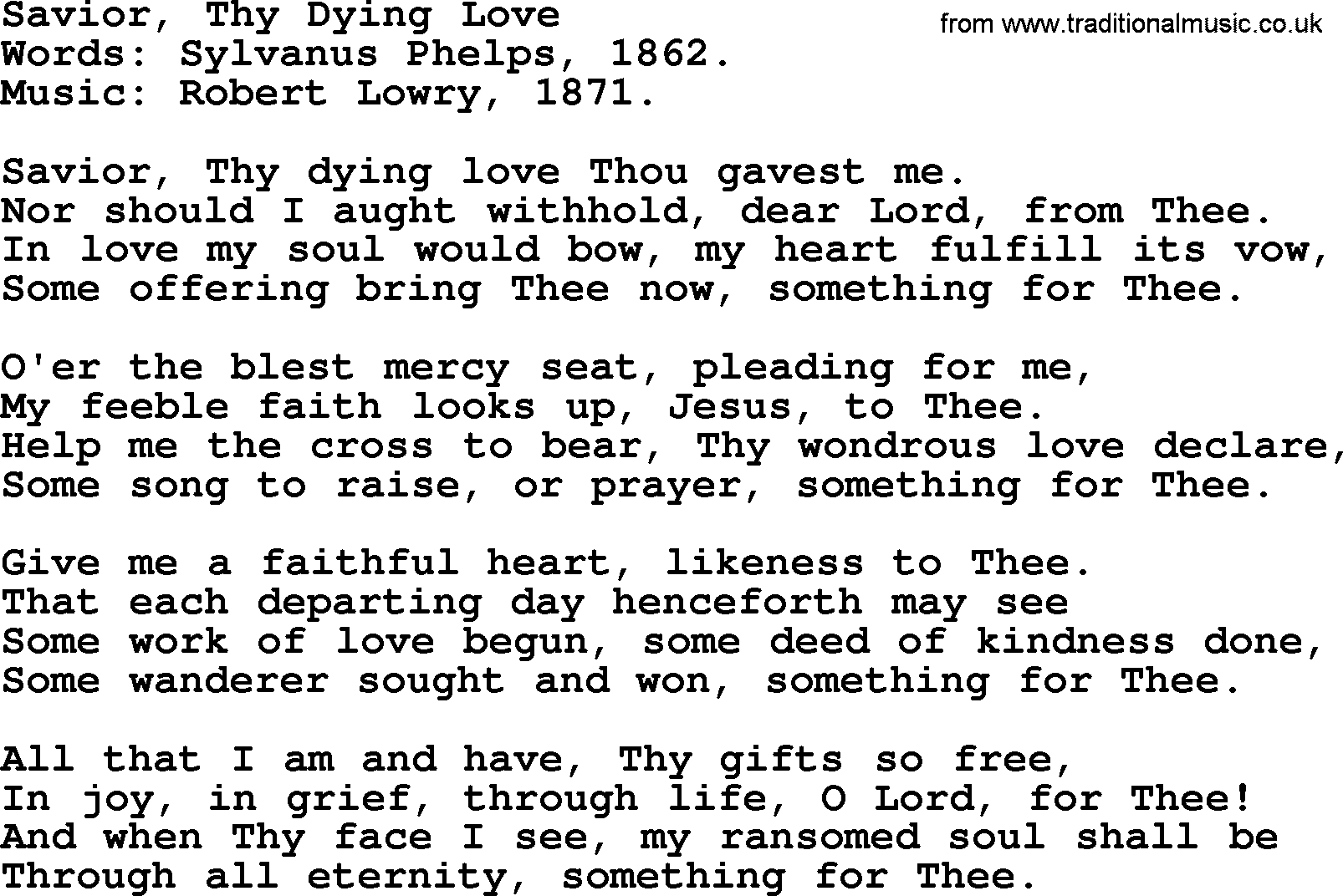 A collection of 500+ most sung Christian church hymns and songs, title: Savior, Thy Dying Love, lyrics, PPTX and PDF