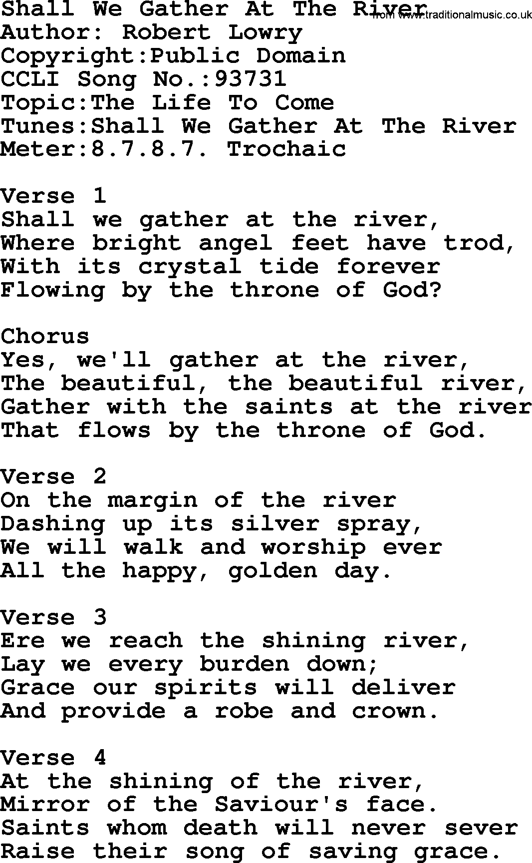 A collection of 500+ most sung Christian church hymns and songs, title: Shall We Gather At The River, lyrics, PPTX and PDF