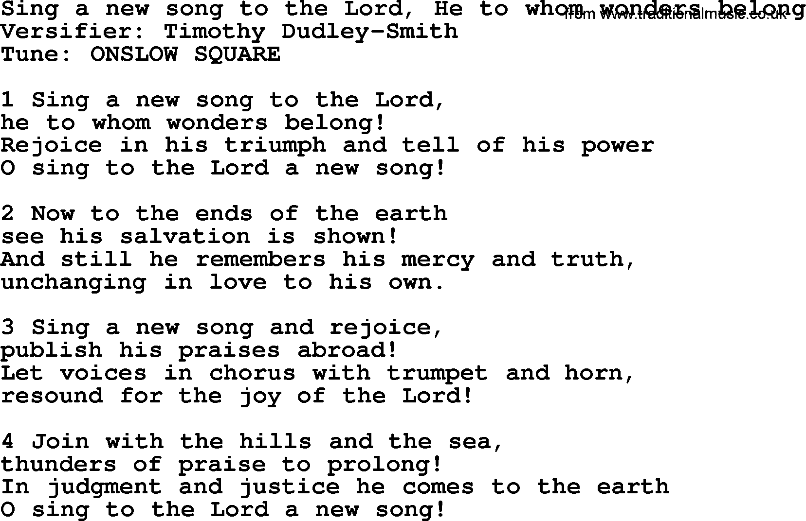A collection of 500+ most sung Christian church hymns and songs, title: Sing A New Song To The Lord, He To Whom Wonders Belong, lyrics, PPTX and PDF