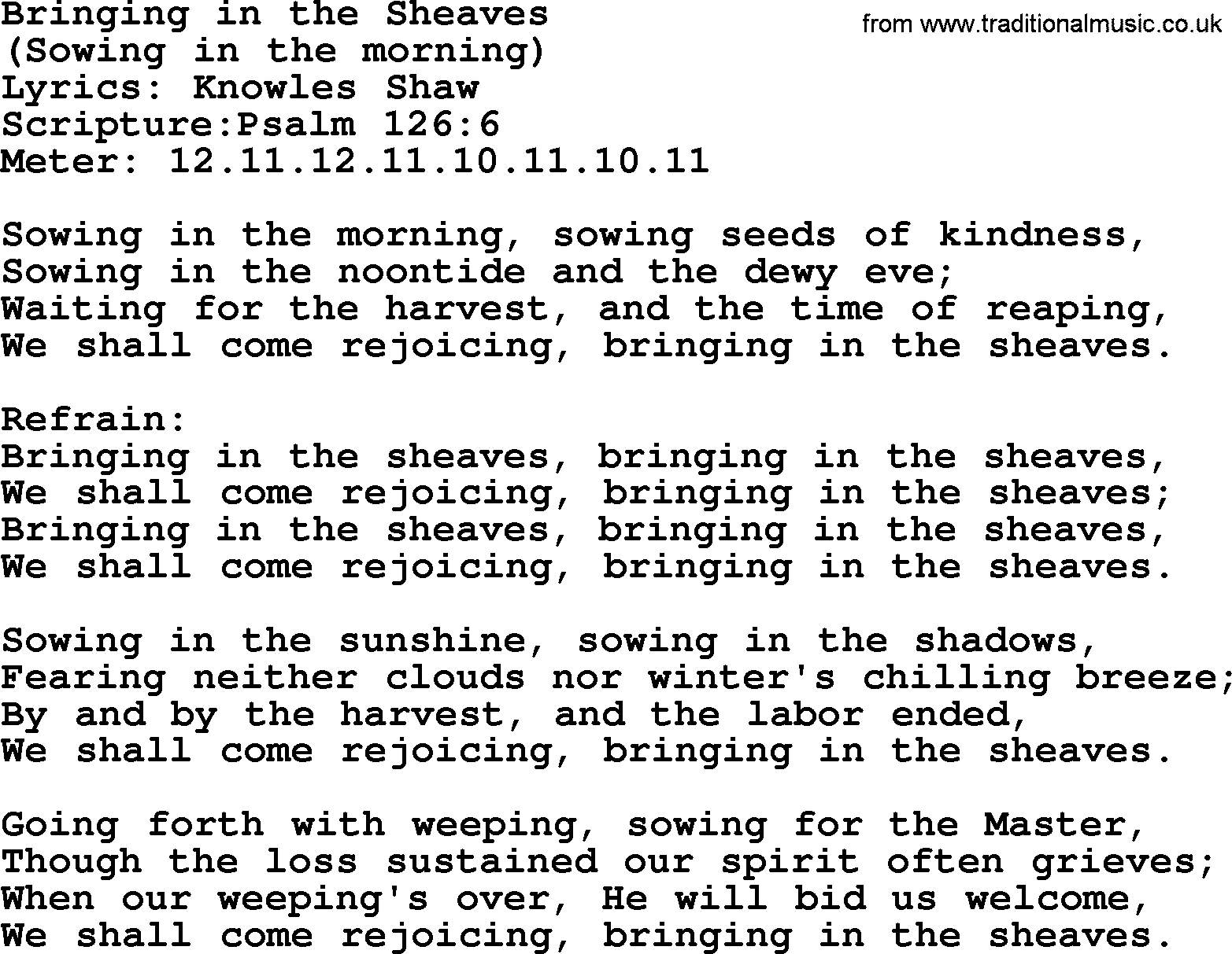 A collection of 500+ most sung Christian church hymns and songs, title: Sowing In The Morning(Bringing In The Sheaves), lyrics, PPTX and PDF