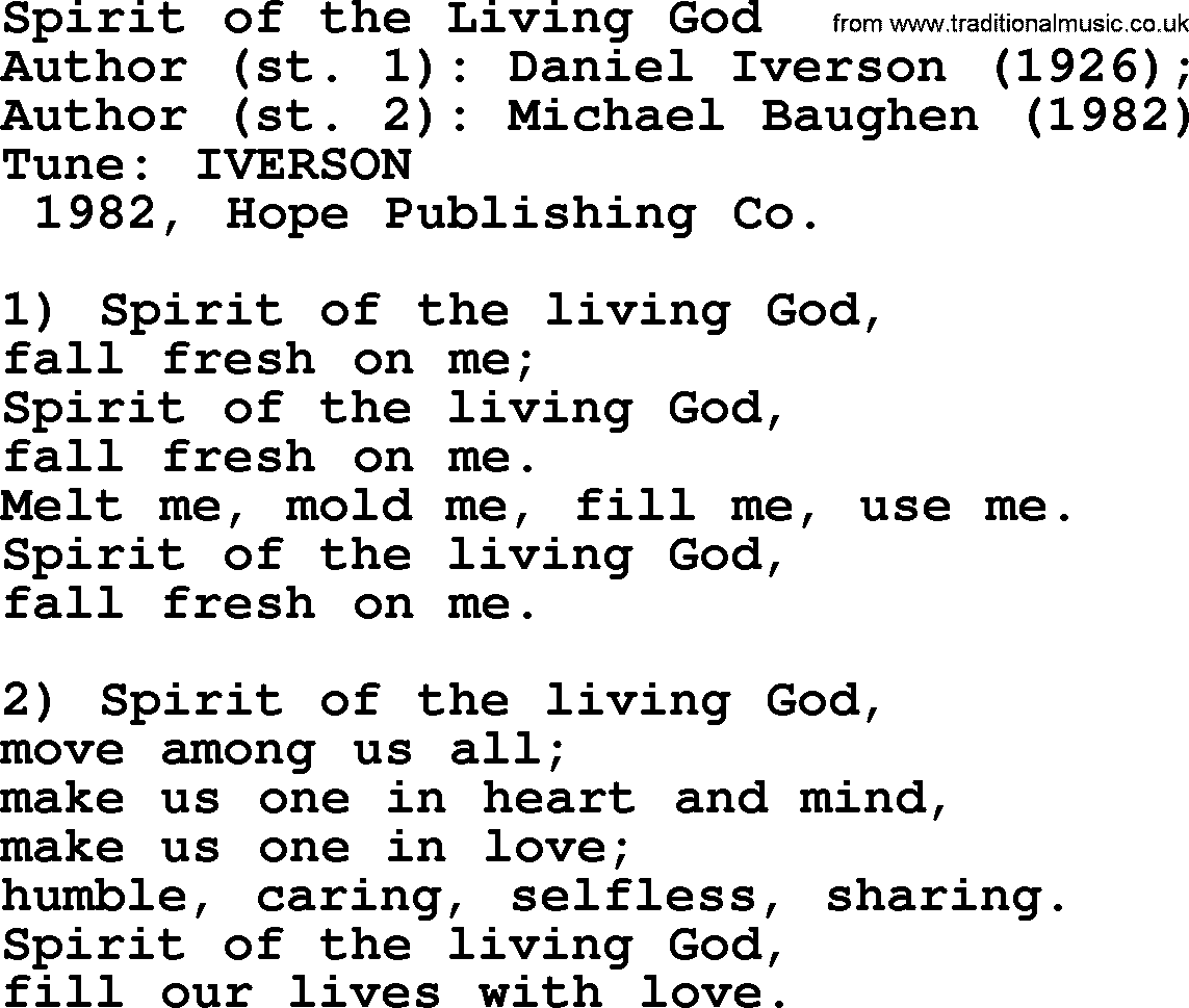 A collection of 500+ most sung Christian church hymns and songs, title: Spirit Of The Living God, lyrics, PPTX and PDF
