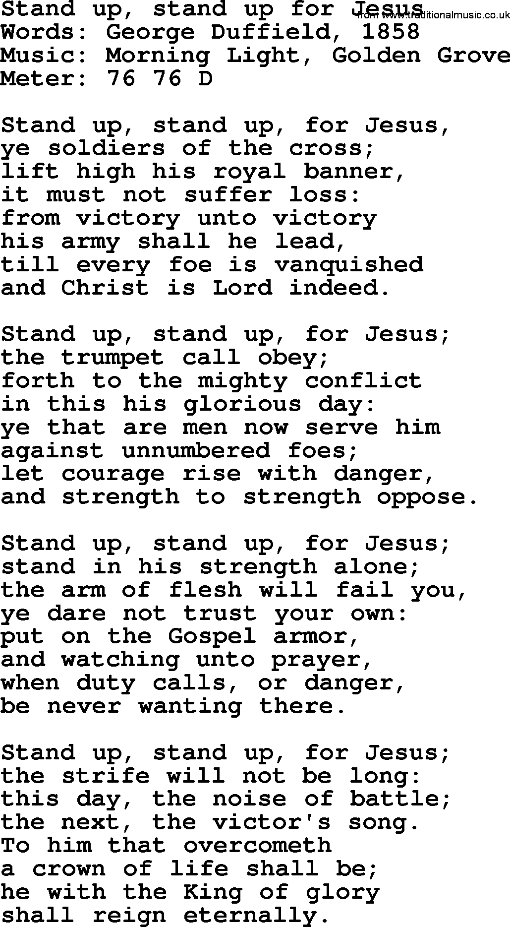 A collection of 500+ most sung Christian church hymns and songs, title: Stand Up, Stand Up For Jesus, lyrics, PPTX and PDF