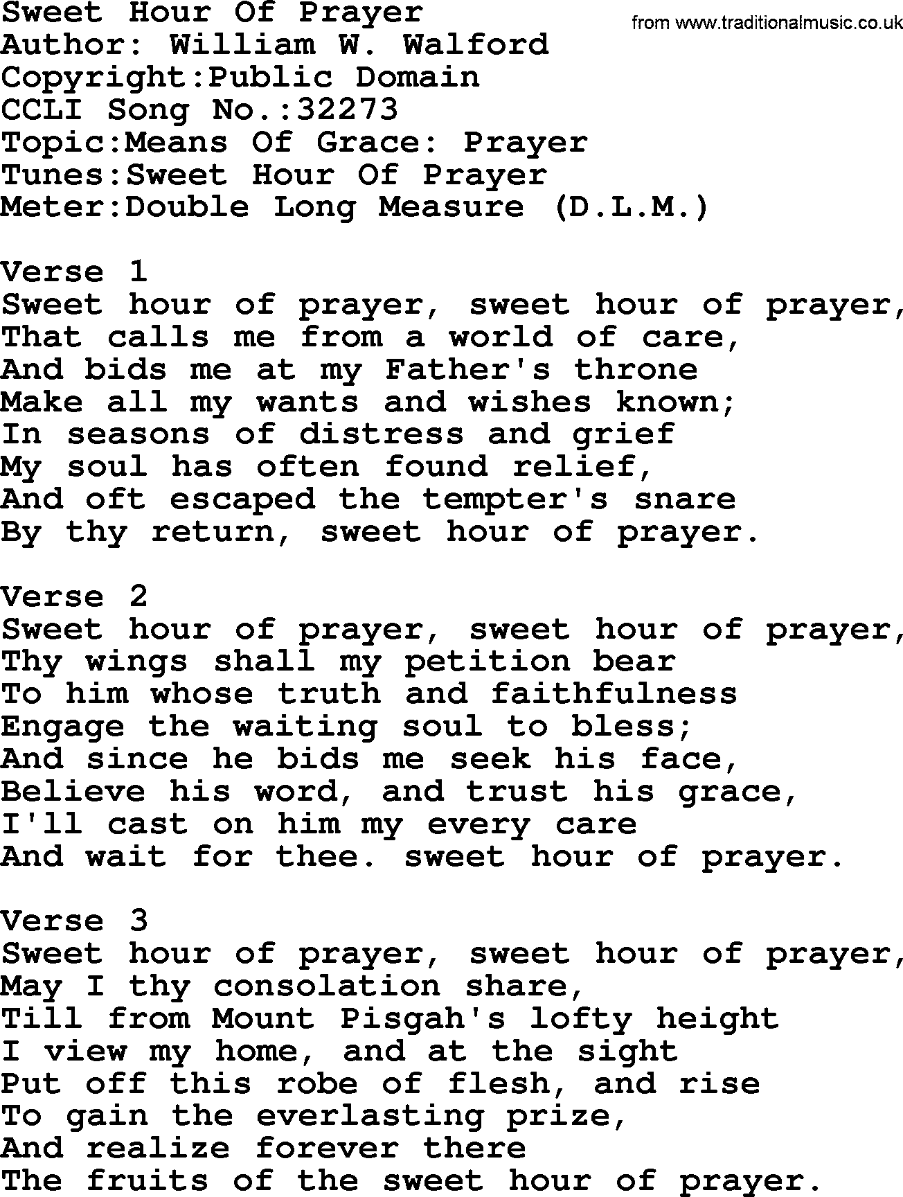 A collection of 500+ most sung Christian church hymns and songs, title: Sweet Hour Of Prayer, lyrics, PPTX and PDF