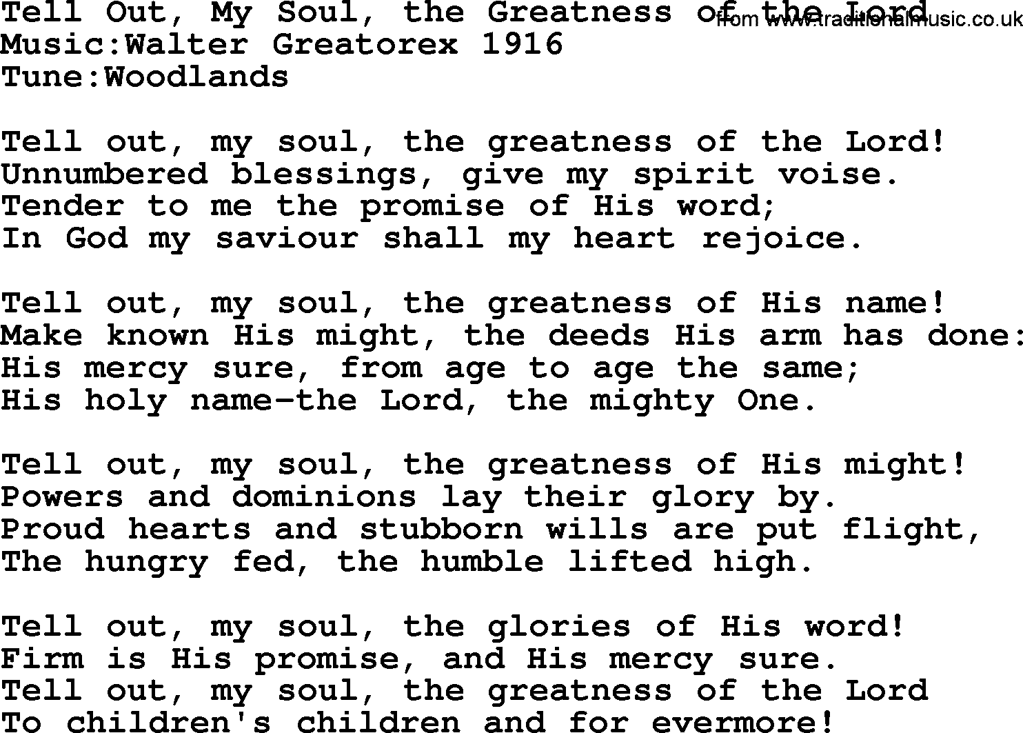 A collection of 500+ most sung Christian church hymns and songs, title: Tell Out, My Soul, The Greatness Of The Lord!, lyrics, PPTX and PDF