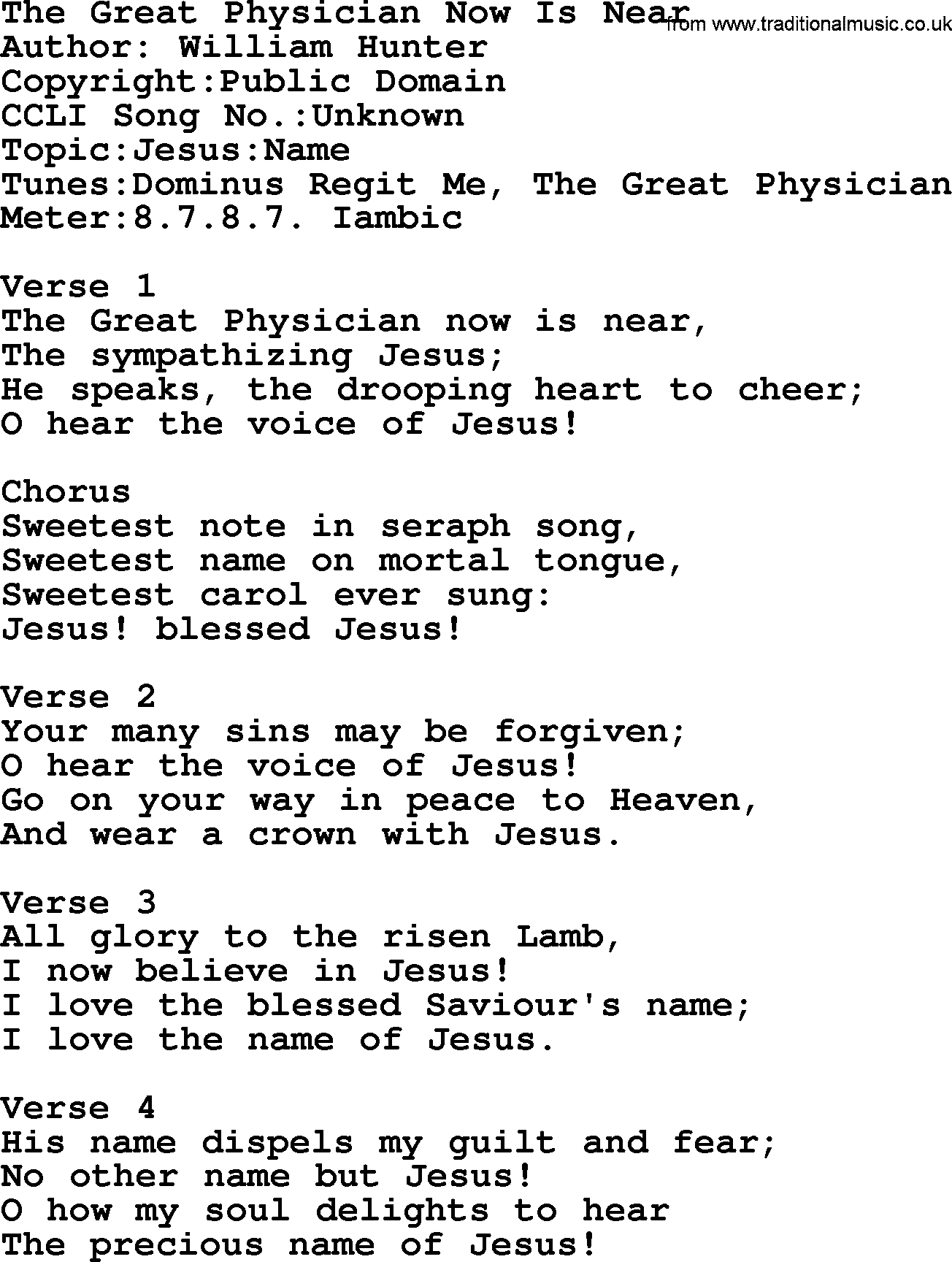 A collection of 500+ most sung Christian church hymns and songs, title: The Great Physician Now Is Near, lyrics, PPTX and PDF