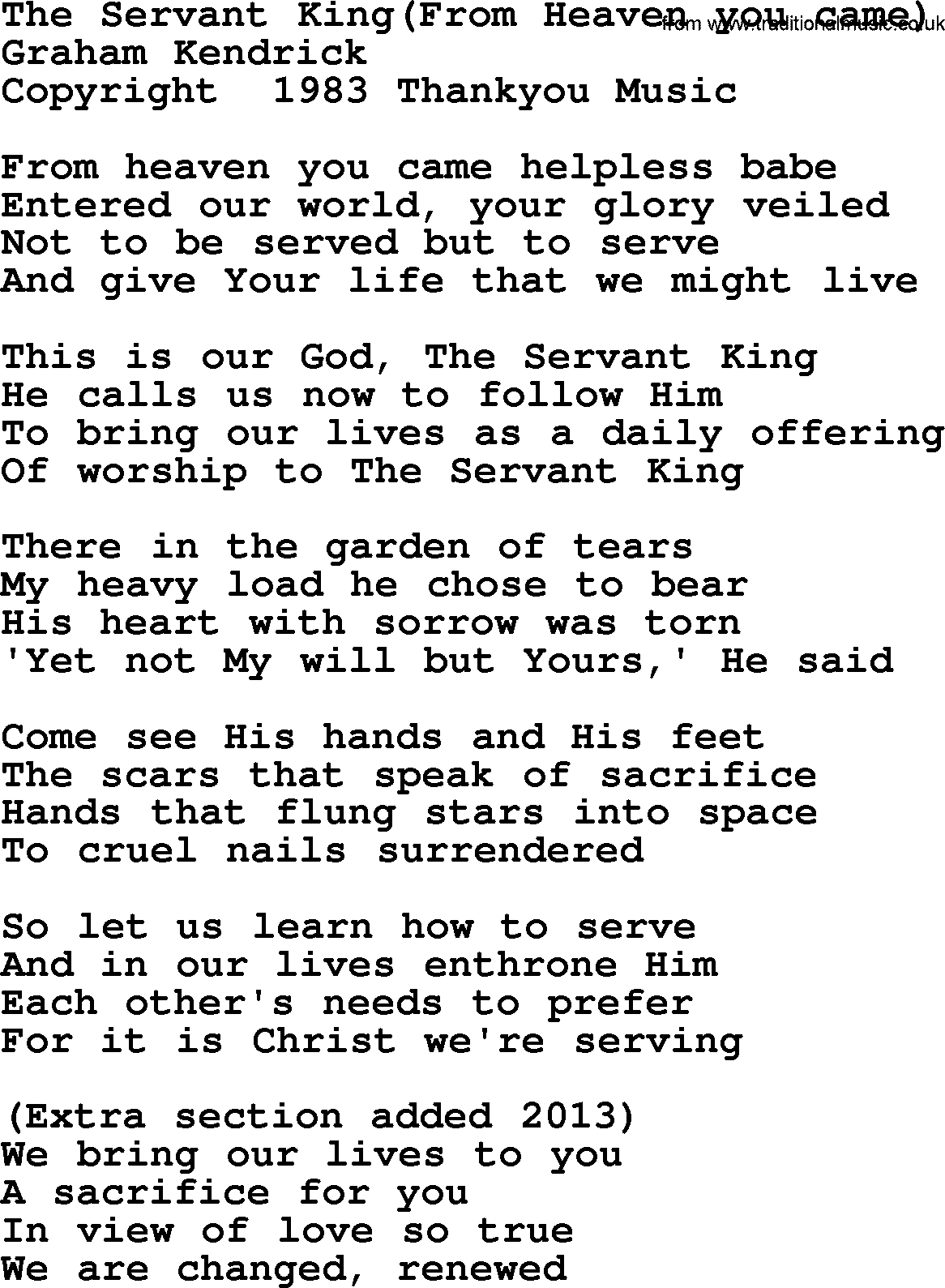 A collection of 500+ most sung Christian church hymns and songs, title: The Servant King(From Heaven You Came), lyrics, PPTX and PDF