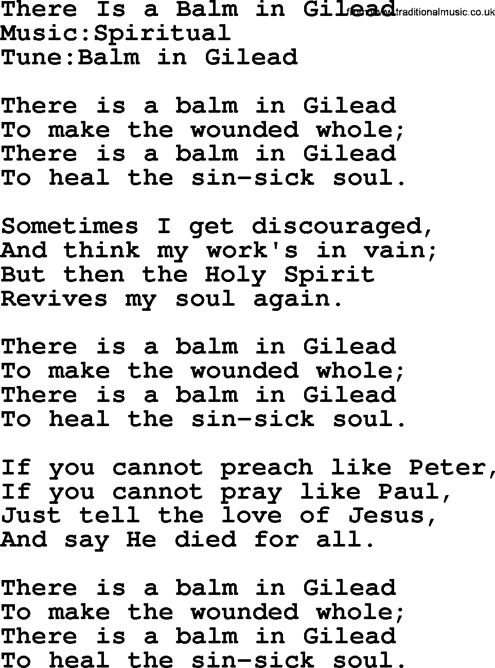 A collection of 500+ most sung Christian church hymns and songs, title: There Is A Balm In Gilead--Spiritual, lyrics, PPTX and PDF