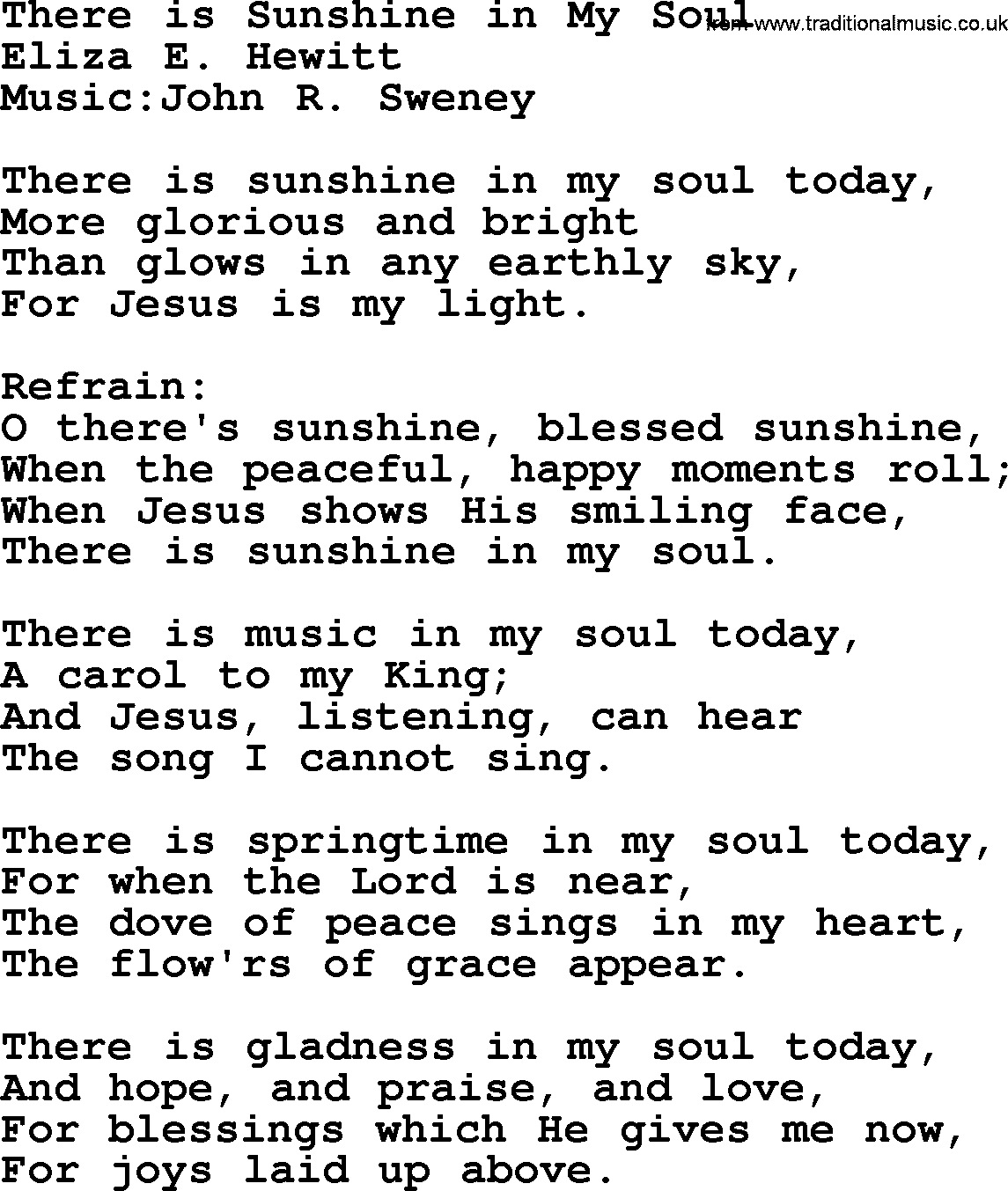 A collection of 500+ most sung Christian church hymns and songs, title: There Is Sunshine In My Soul, lyrics, PPTX and PDF