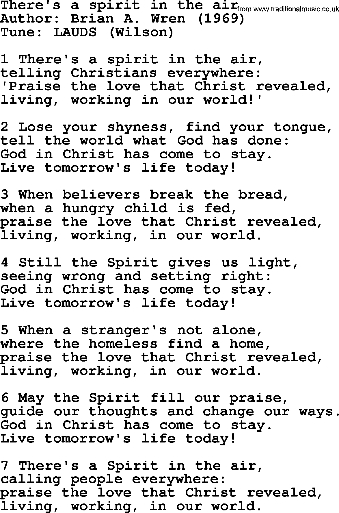 A collection of 500+ most sung Christian church hymns and songs, title: There's A Spirit In The Air~, lyrics, PPTX and PDF