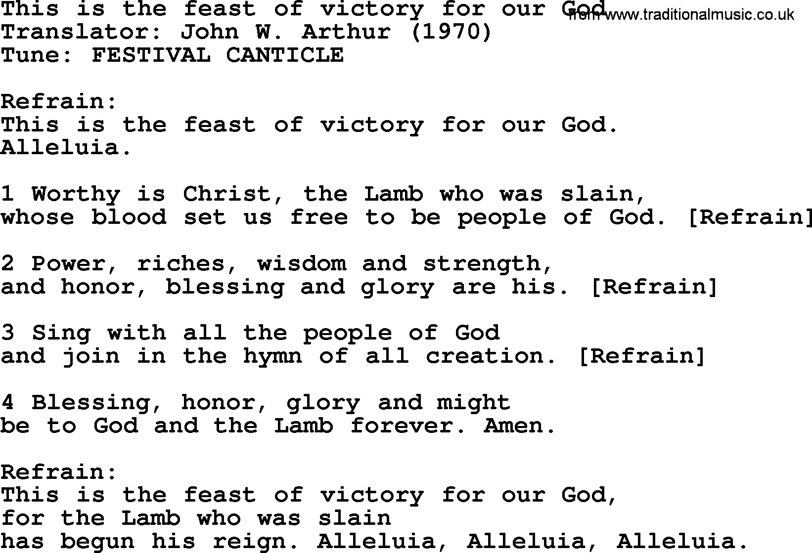 A collection of 500+ most sung Christian church hymns and songs, title: This Is The Feast Of Victory For Our God, lyrics, PPTX and PDF