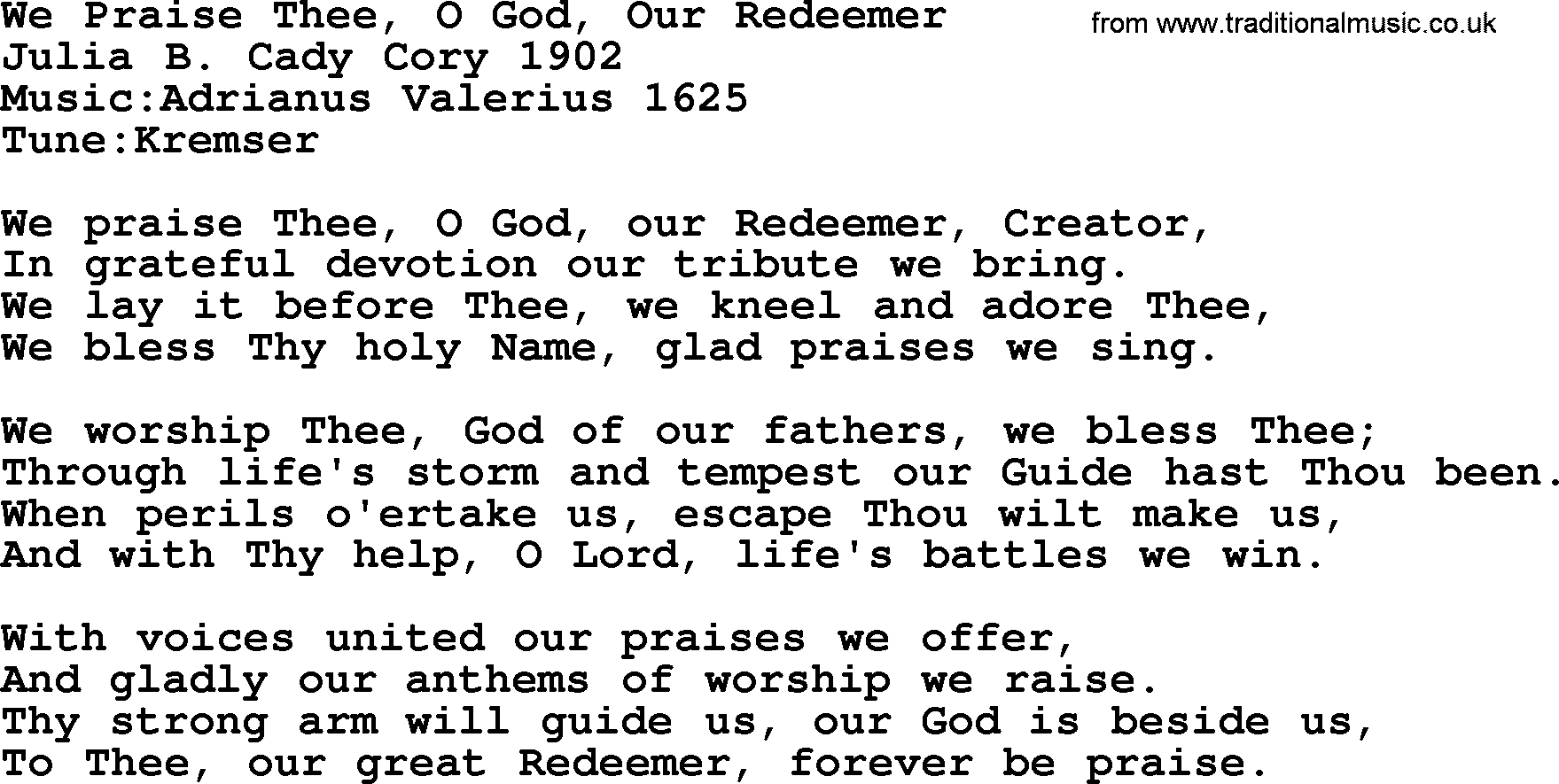 A collection of 500+ most sung Christian church hymns and songs, title: We Praise Thee, O God, Our Redeemer, lyrics, PPTX and PDF