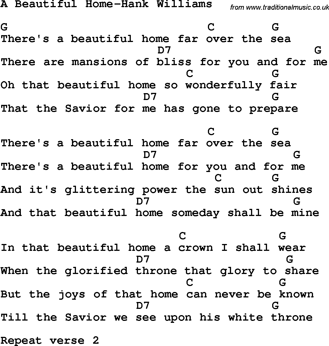 Country, Southern and Bluegrass Gospel Song A Beautiful Home-Hank Williams lyrics and chords