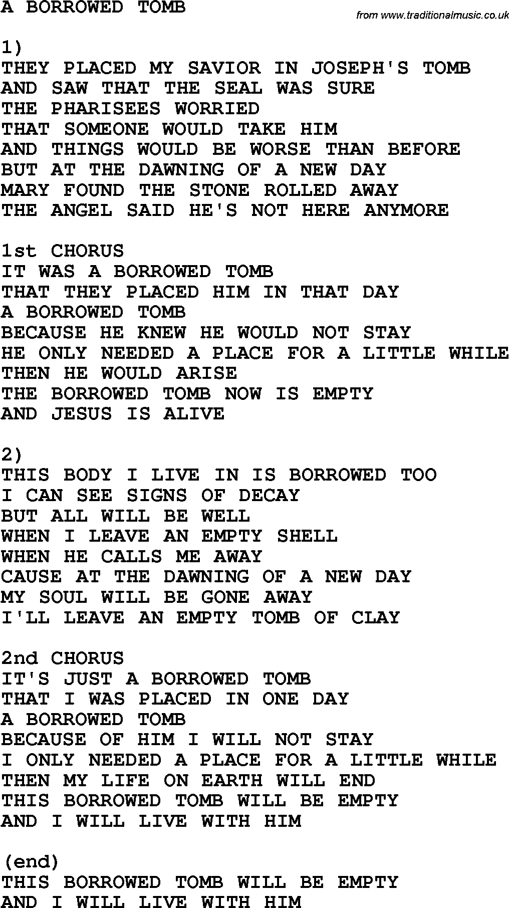 Country, Southern and Bluegrass Gospel Song A Borrowed Tomb lyrics 