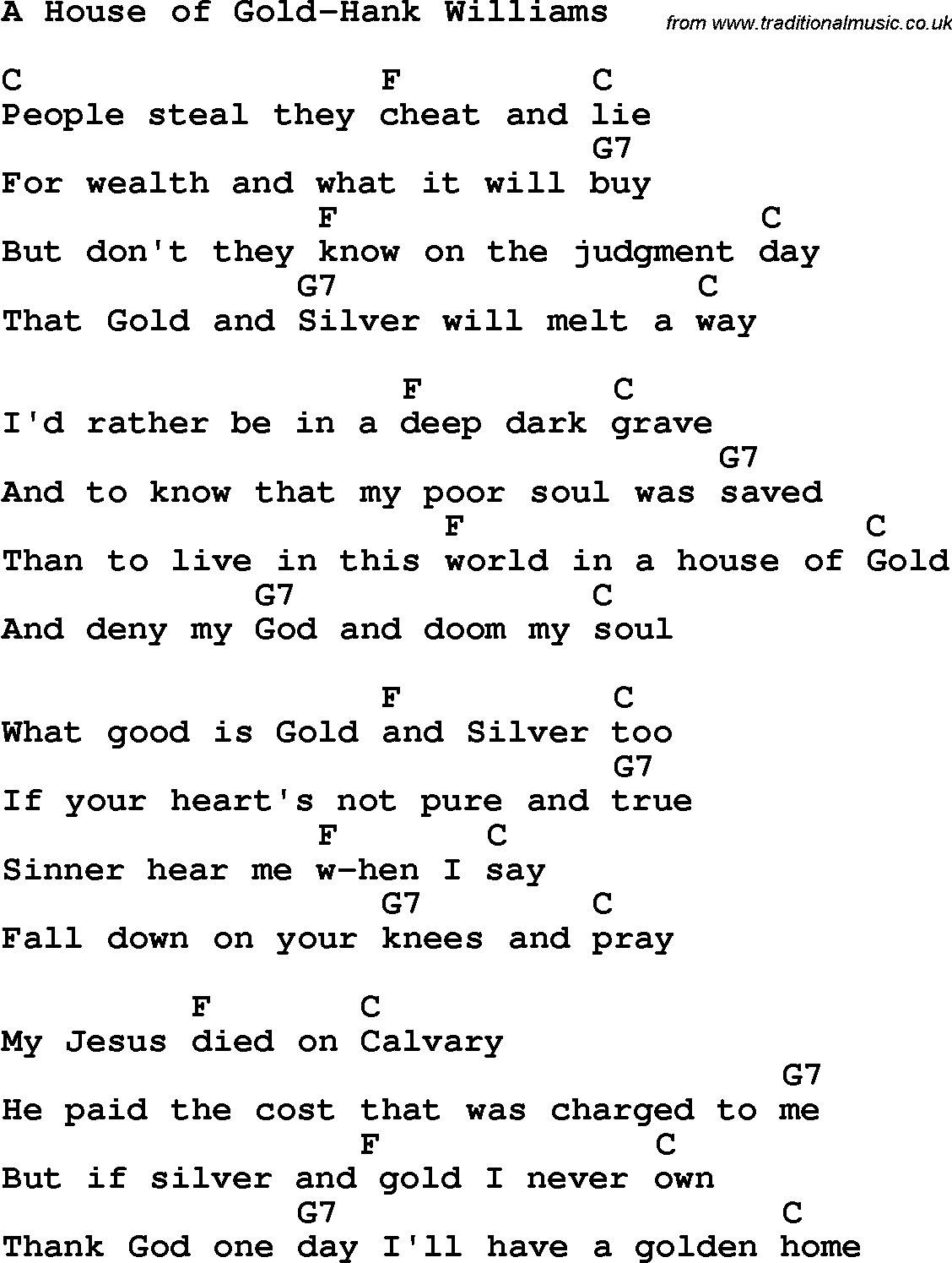Country, Southern and Bluegrass Gospel Song A House of Gold-Hank Williams lyrics and chords
