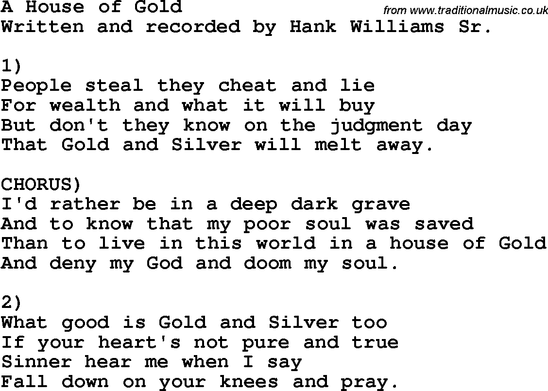 Country, Southern and Bluegrass Gospel Song A House Of Gold lyrics 