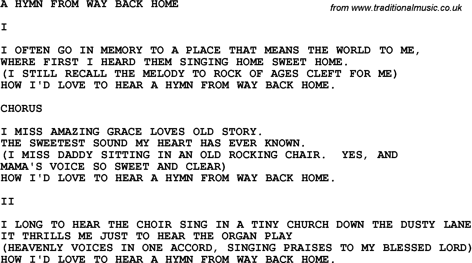 Country, Southern and Bluegrass Gospel Song A Hymn From Way Back Home lyrics 