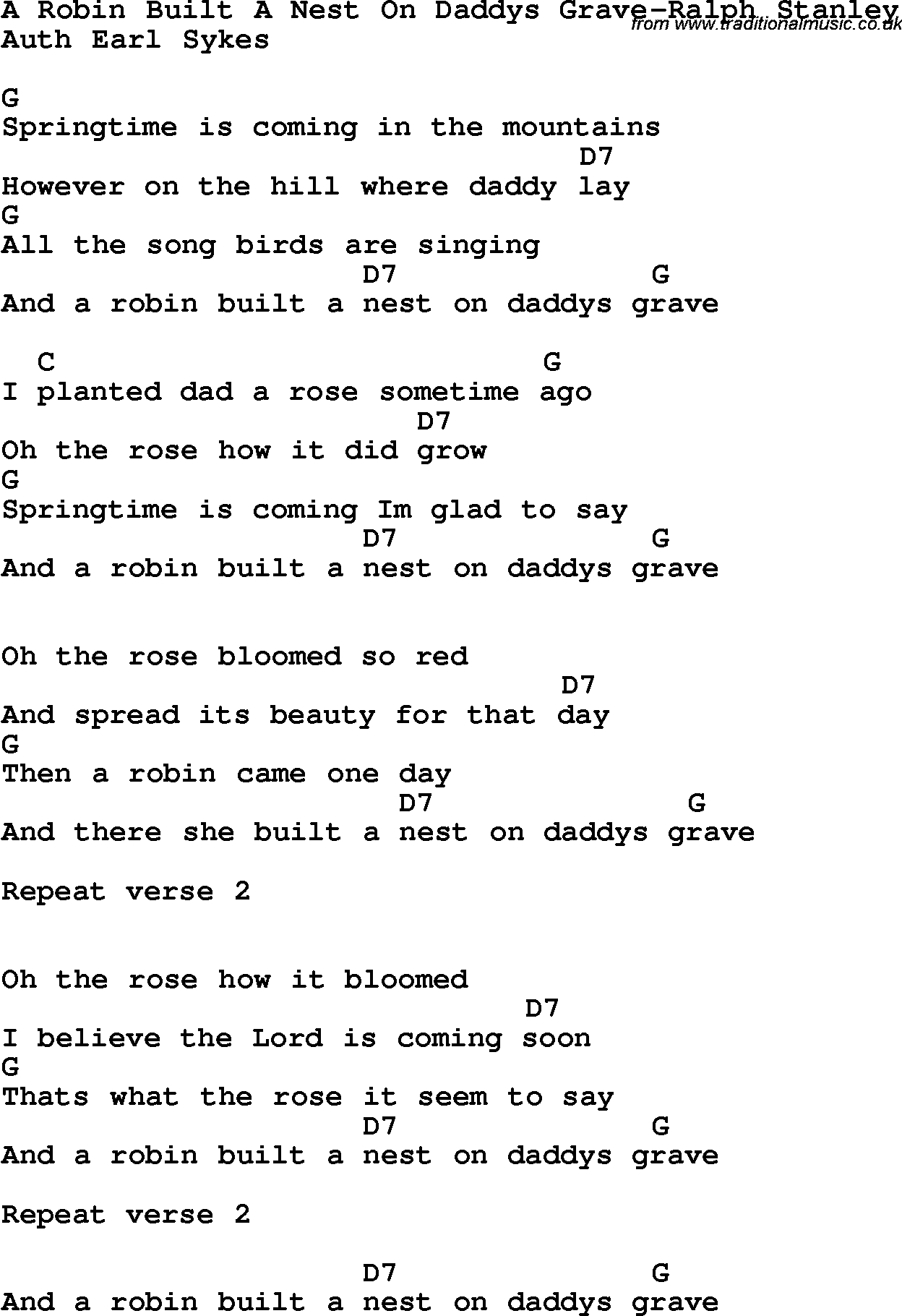 Country, Southern and Bluegrass Gospel Song A Robin Built A Nest On Daddy’s Grave-Ralph Stanley lyrics and chords